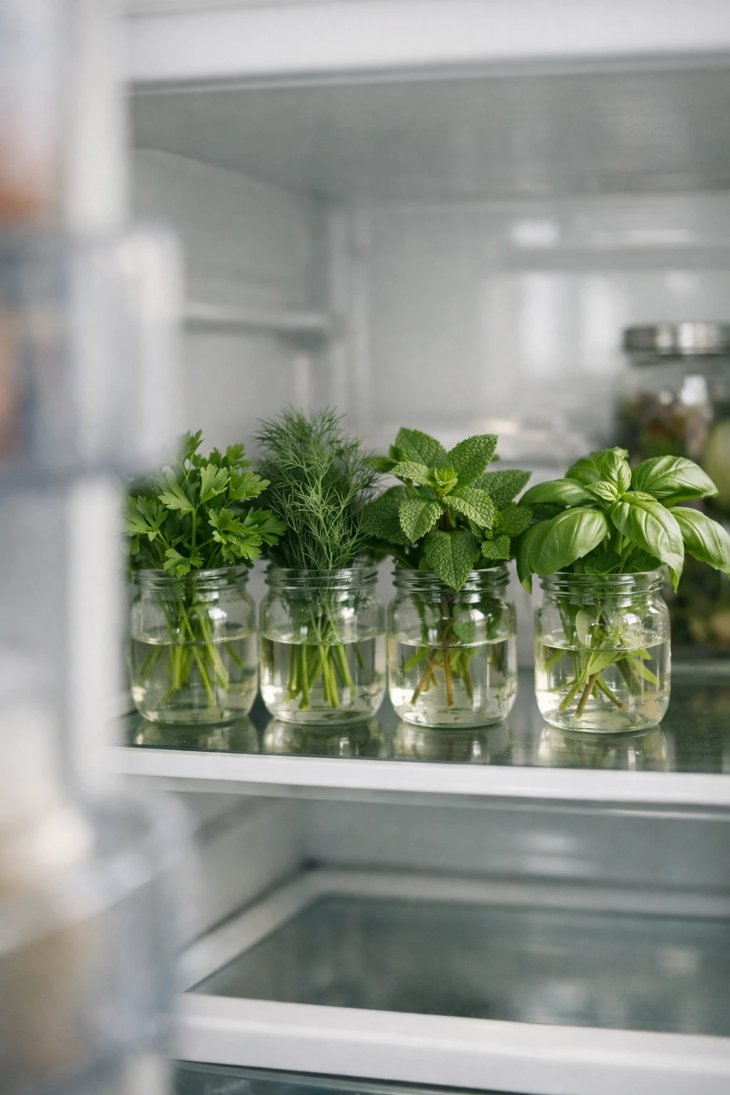 Refrigerator shelf with fresh herbs stored upright in glass jars