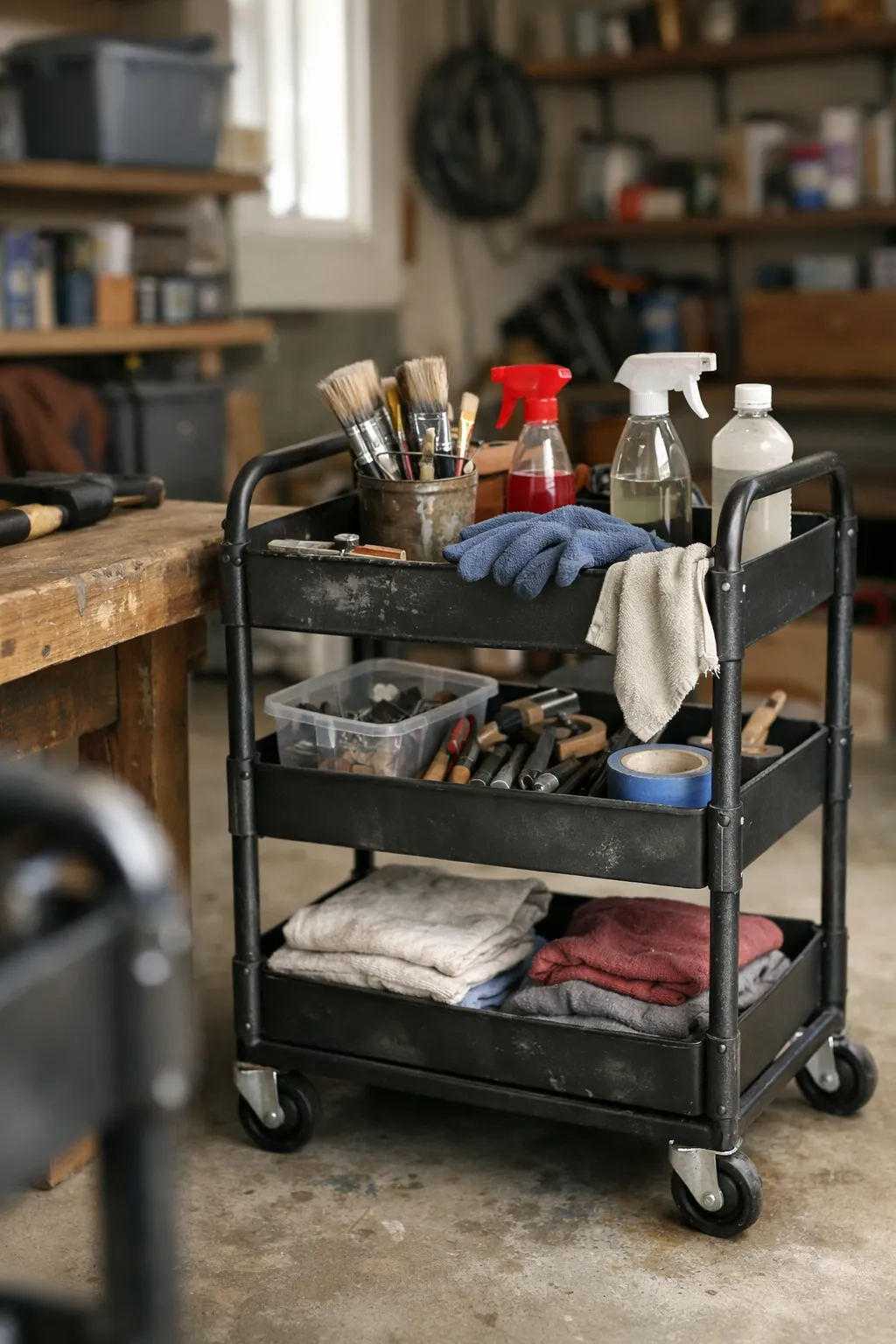 A rolling utility cart in the garage holding project supplies and cleaning tools.