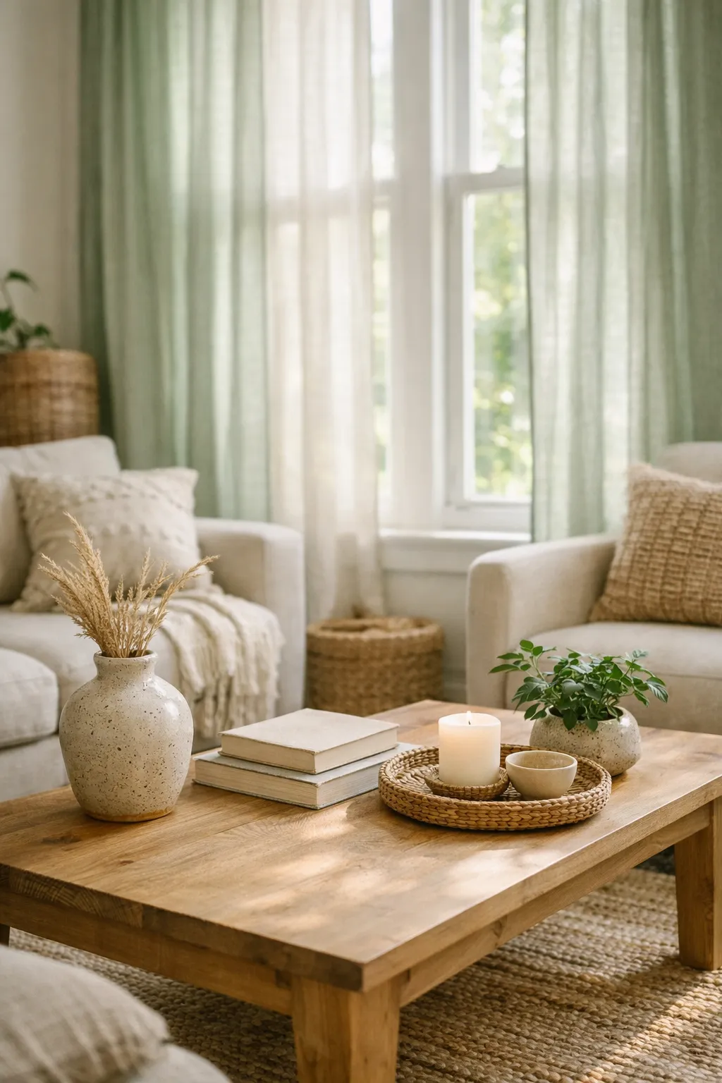 Living room with soft green linen curtains framing large windows.