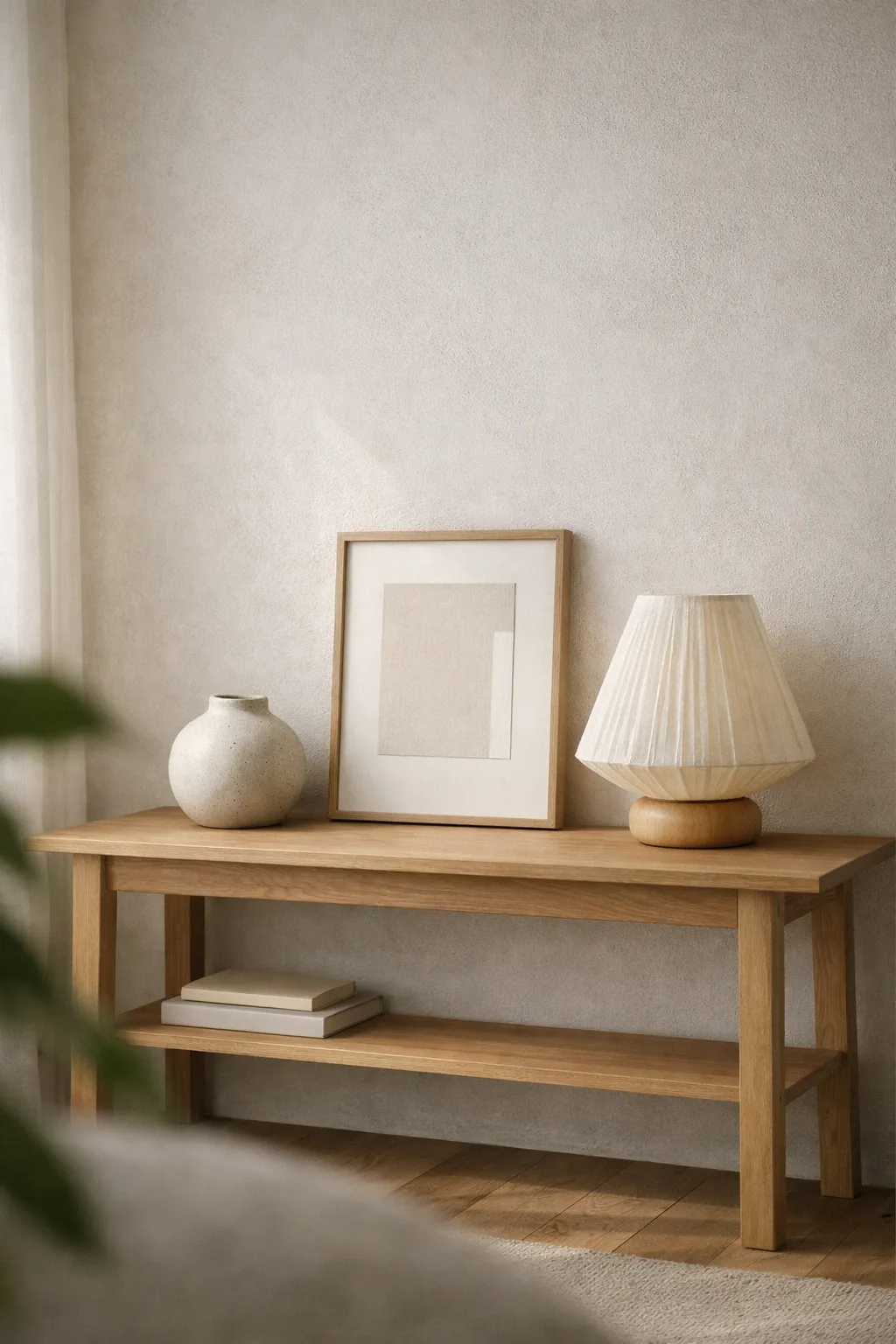 Light wood Japandi console table with ceramic vessel and paper lamp.