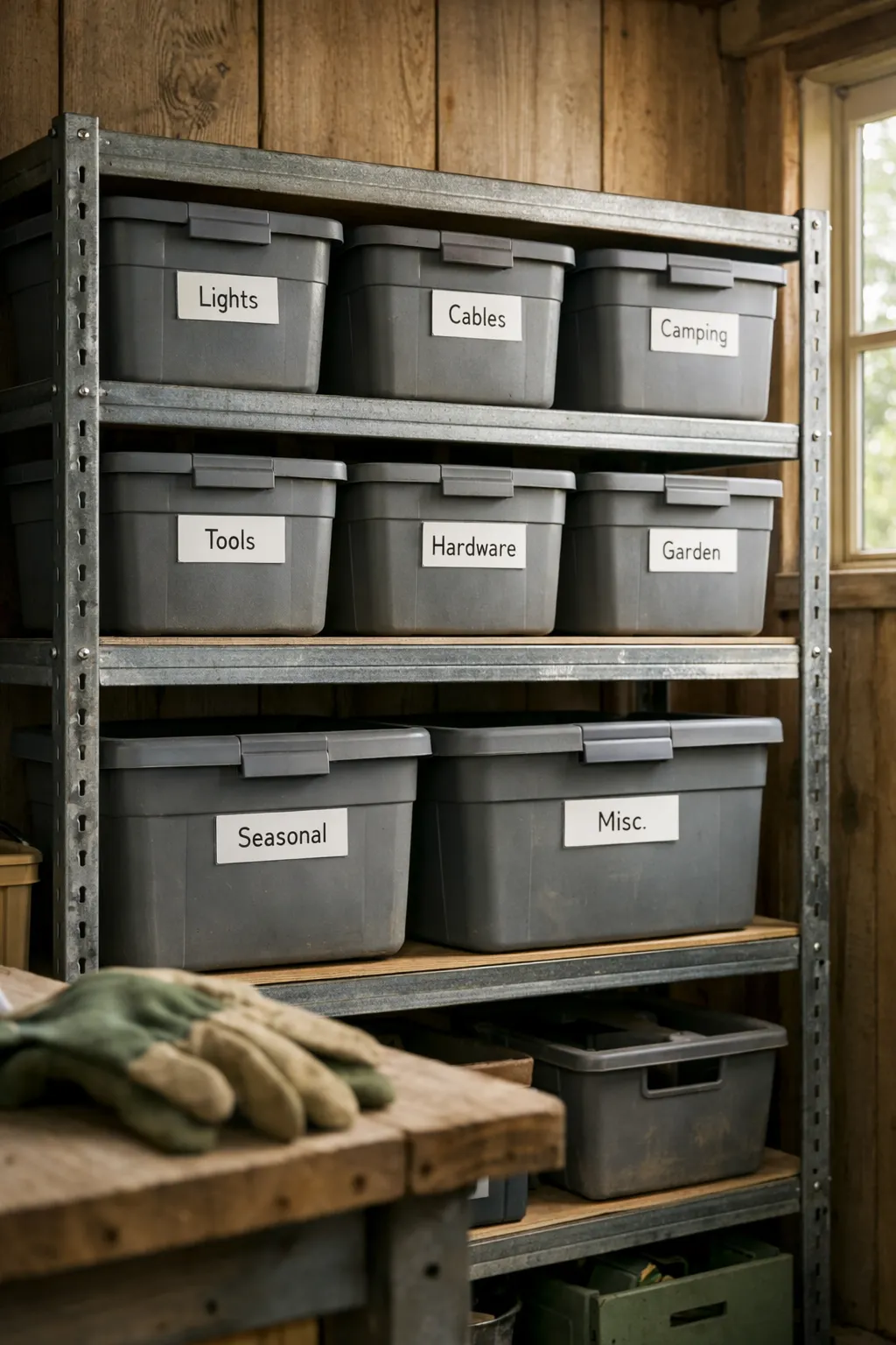 Clearly labeled storage bins organized neatly on shed shelves.