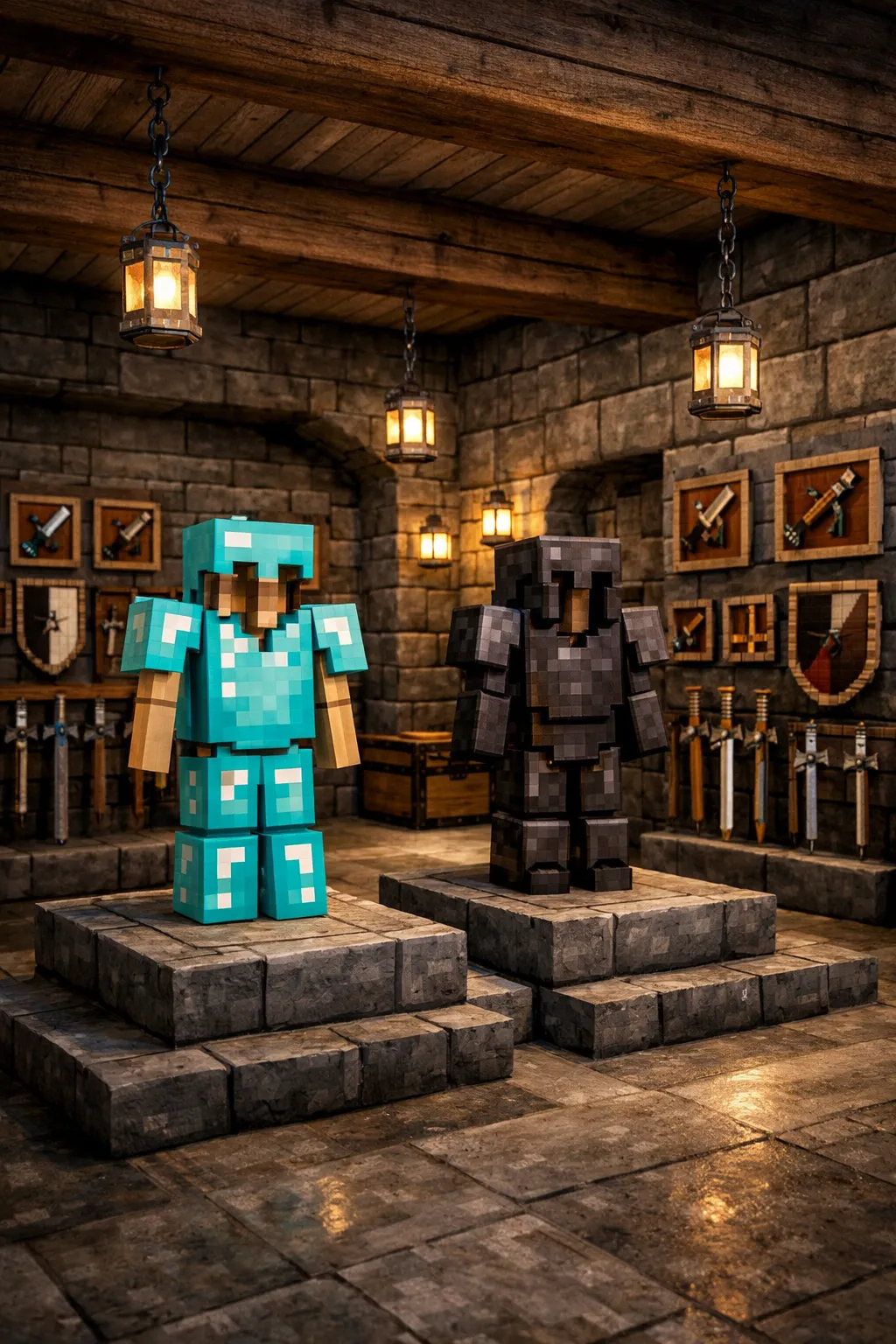 underground Minecraft armory with armor stands and weapon storage