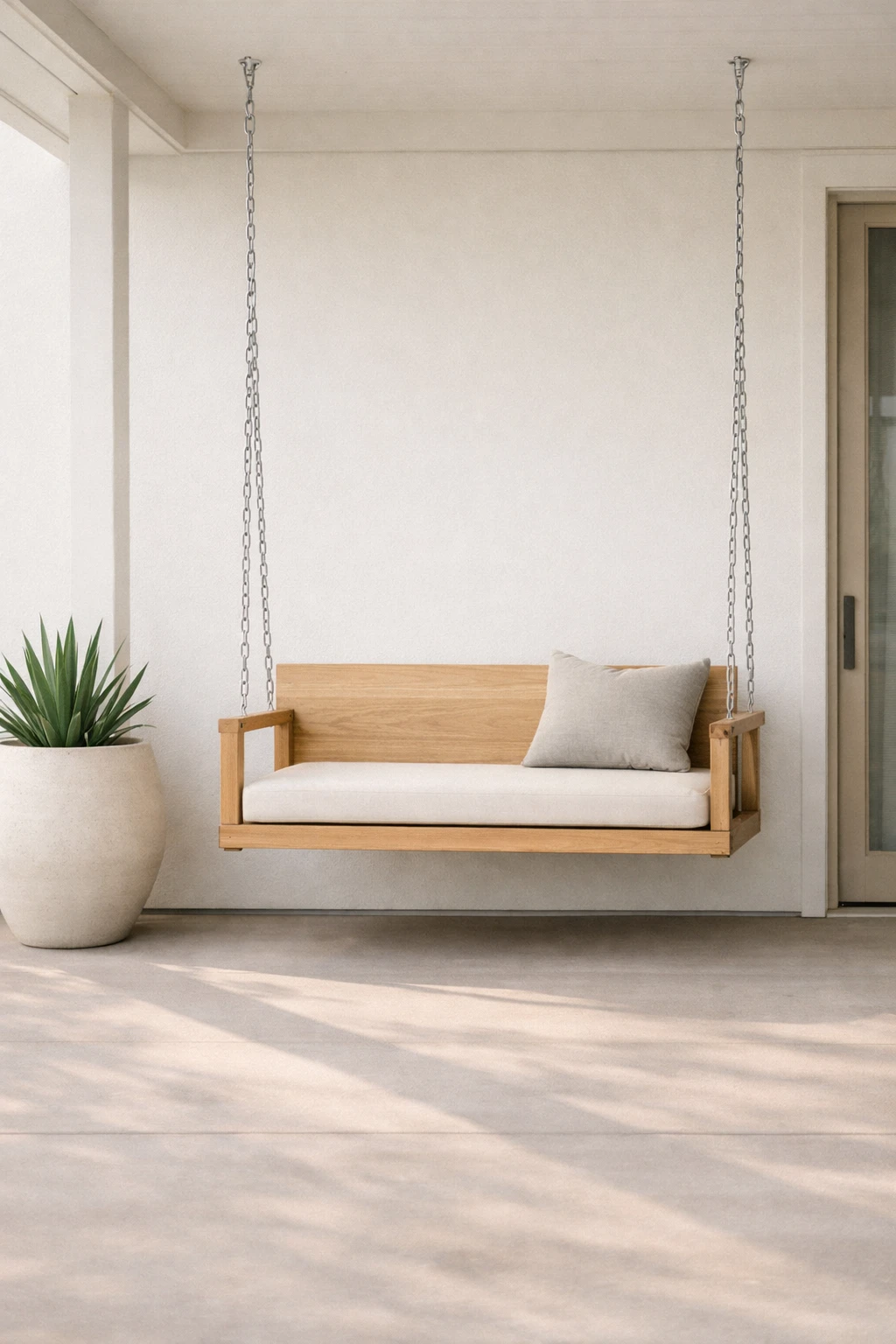 A minimal front porch swing with clean lines, one neutral cushion, and simple modern styling.