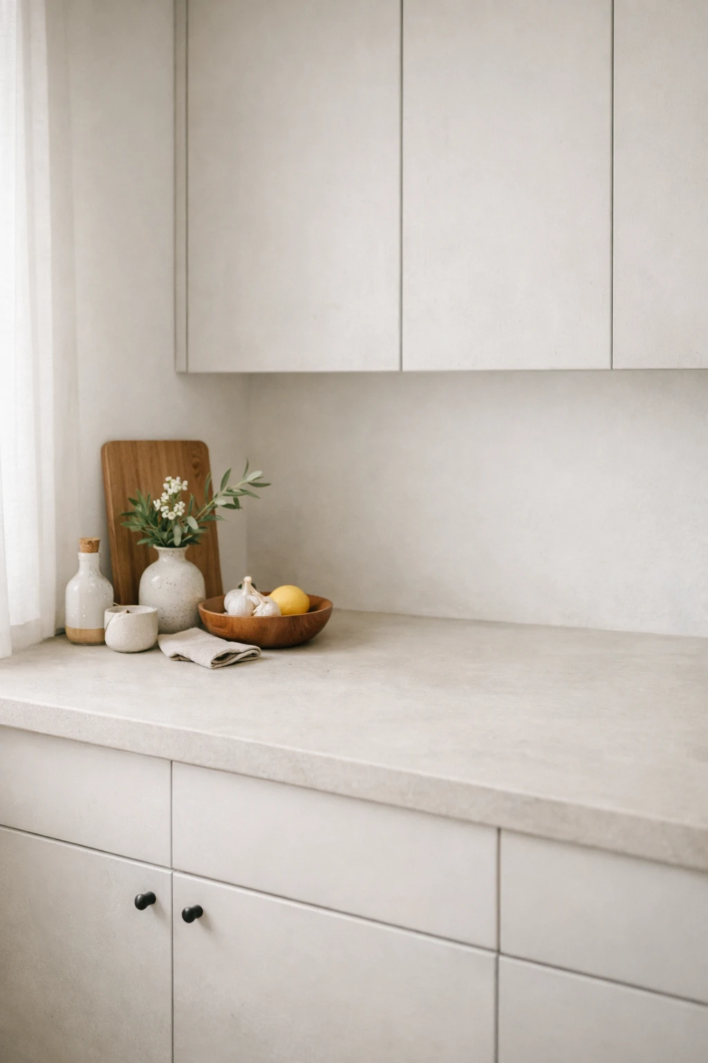 A minimally styled kitchen counter with one decor vignette and plenty of open prep space.
