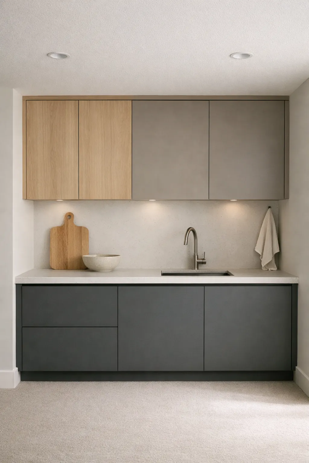 A minimalist basement kitchenette with flat-front cabinets and a calm uncluttered layout.