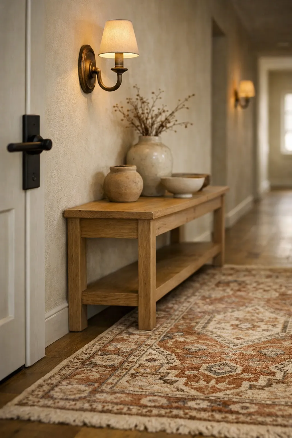 Brass and matte black lighting accents in a warm bohemian hallway.