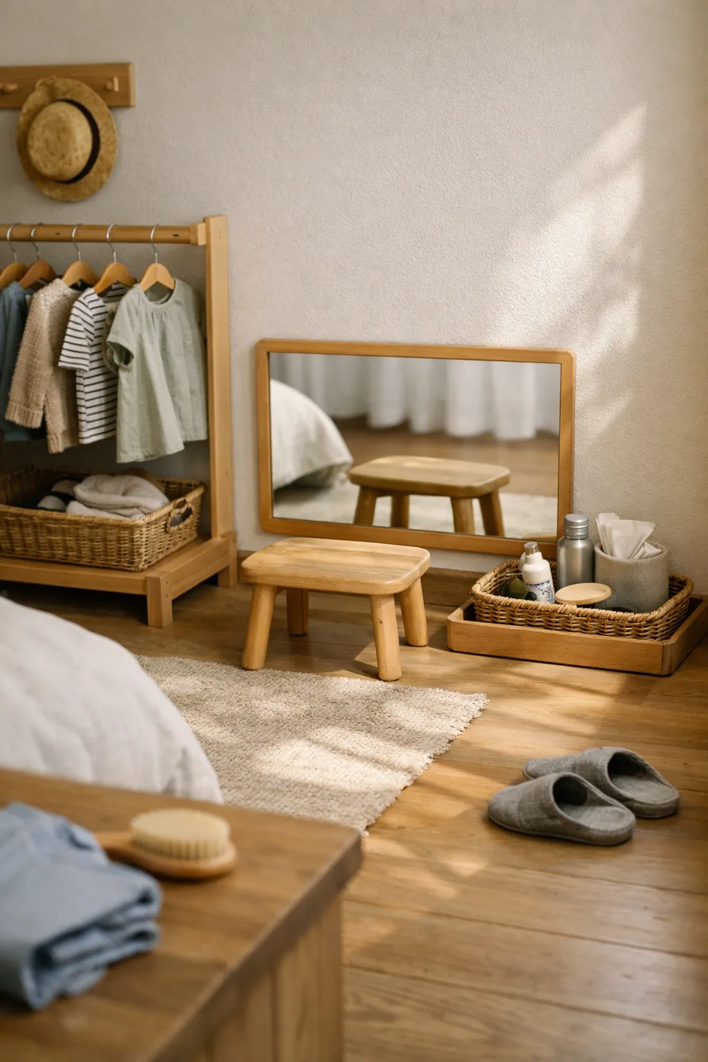 A Montessori bedroom with a low mirror, stool, clothing access, and simple child-friendly morning routine setup.