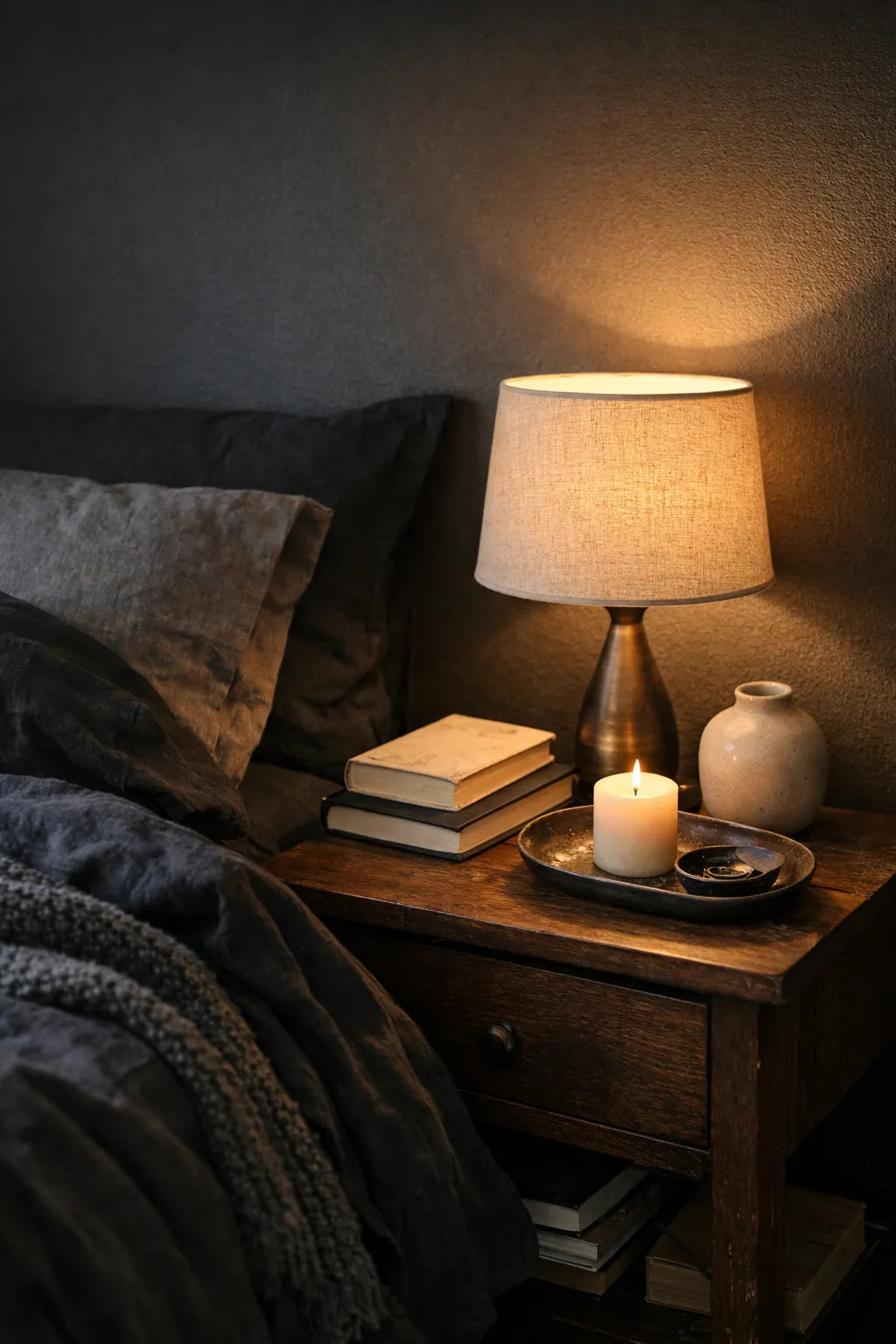 A dark bedroom with a styled nightstand, warm lamp light, books, and ceramic decor.