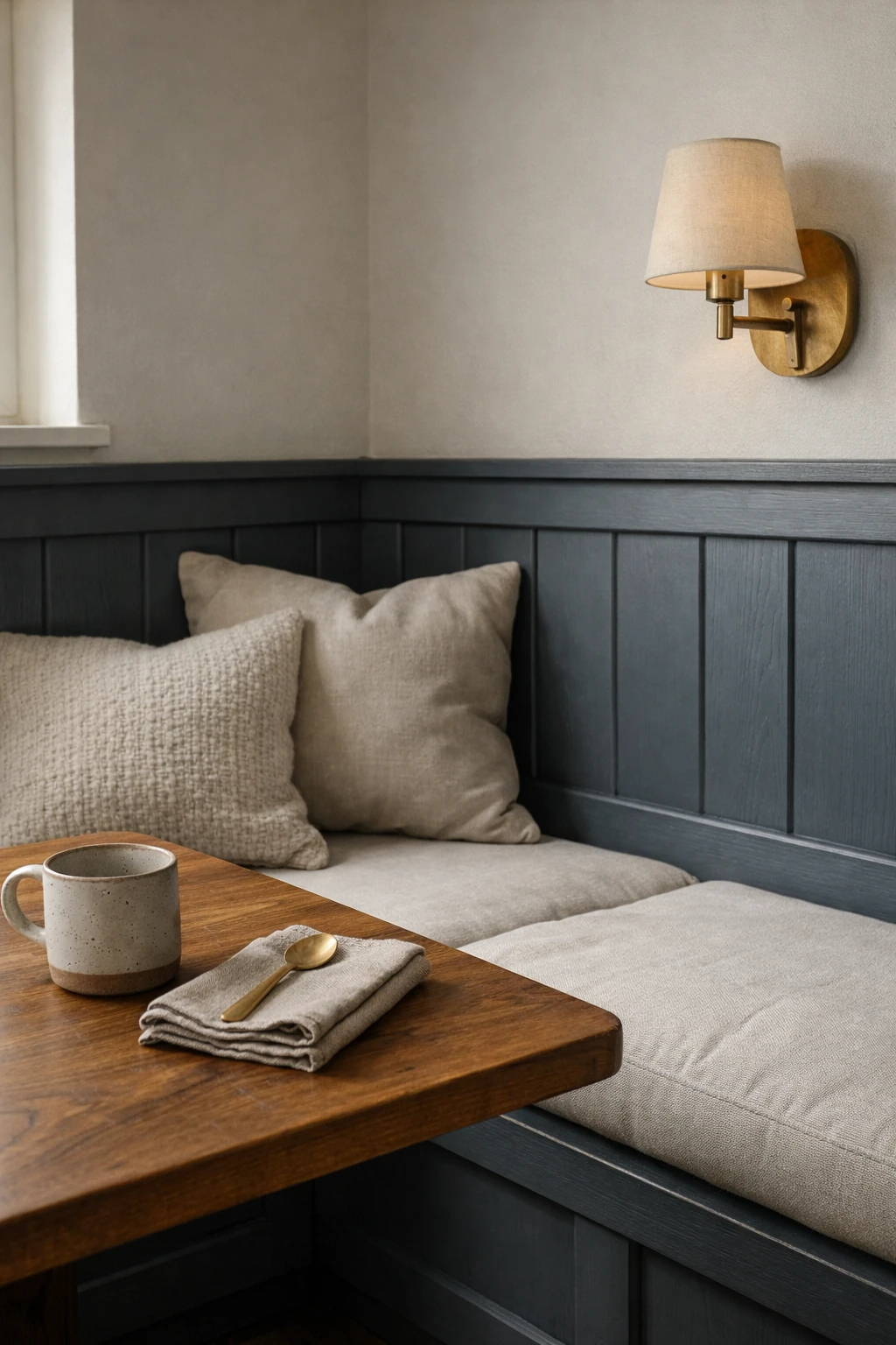 A moody kitchen banquette in deep charcoal or olive with lighter cushions and warm accents.