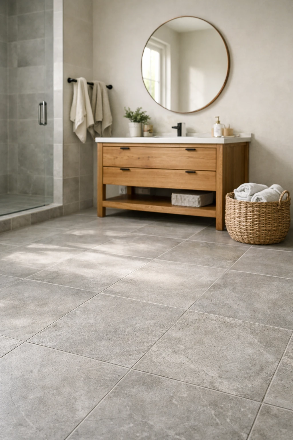 A bathroom with soft gray neutral floor tiles.