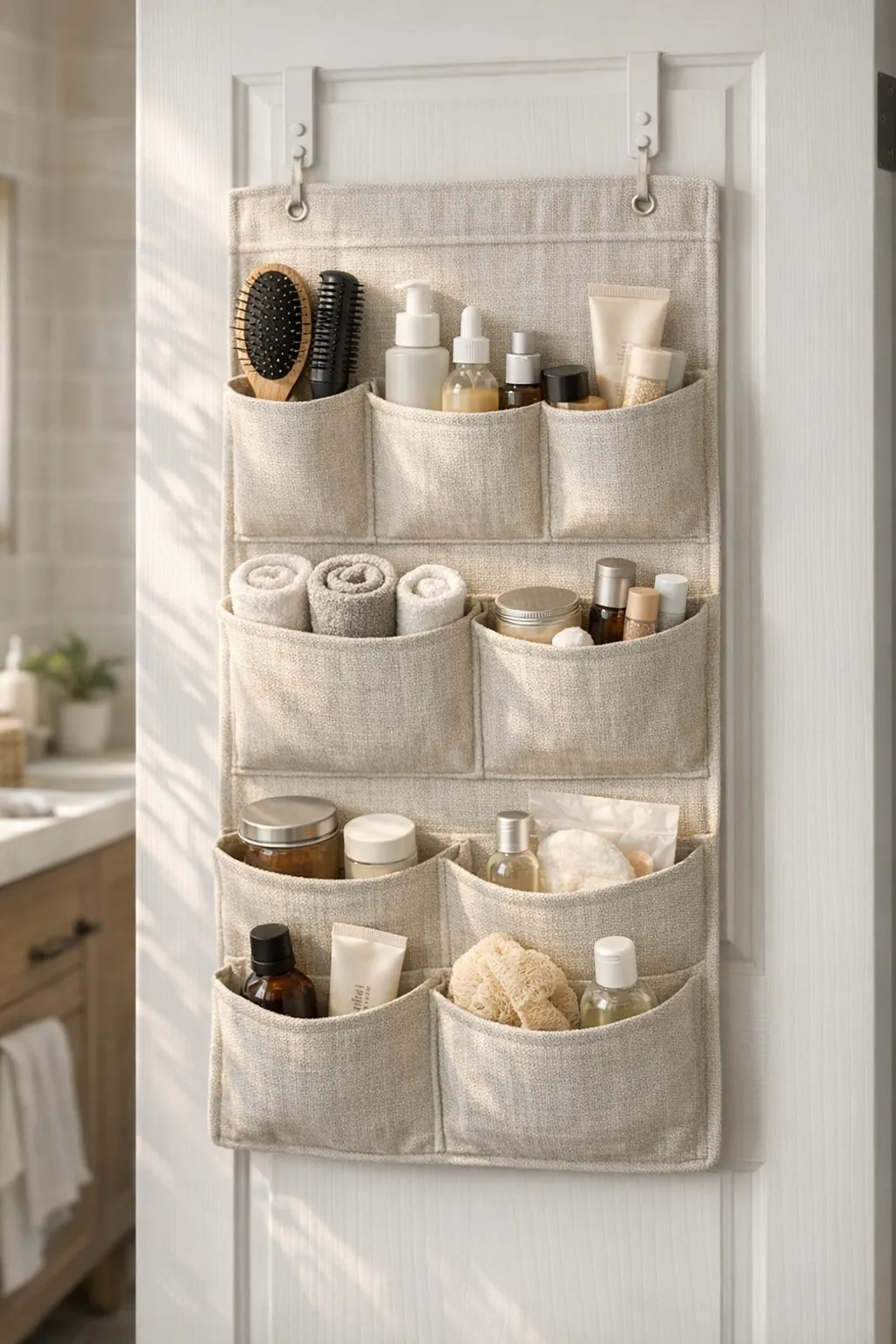 Bathroom door organizer with pockets storing toiletries and small items.