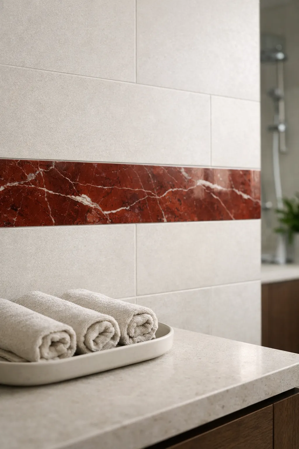 Bathroom wall with a horizontal red marble accent strip running through neutral tiles.