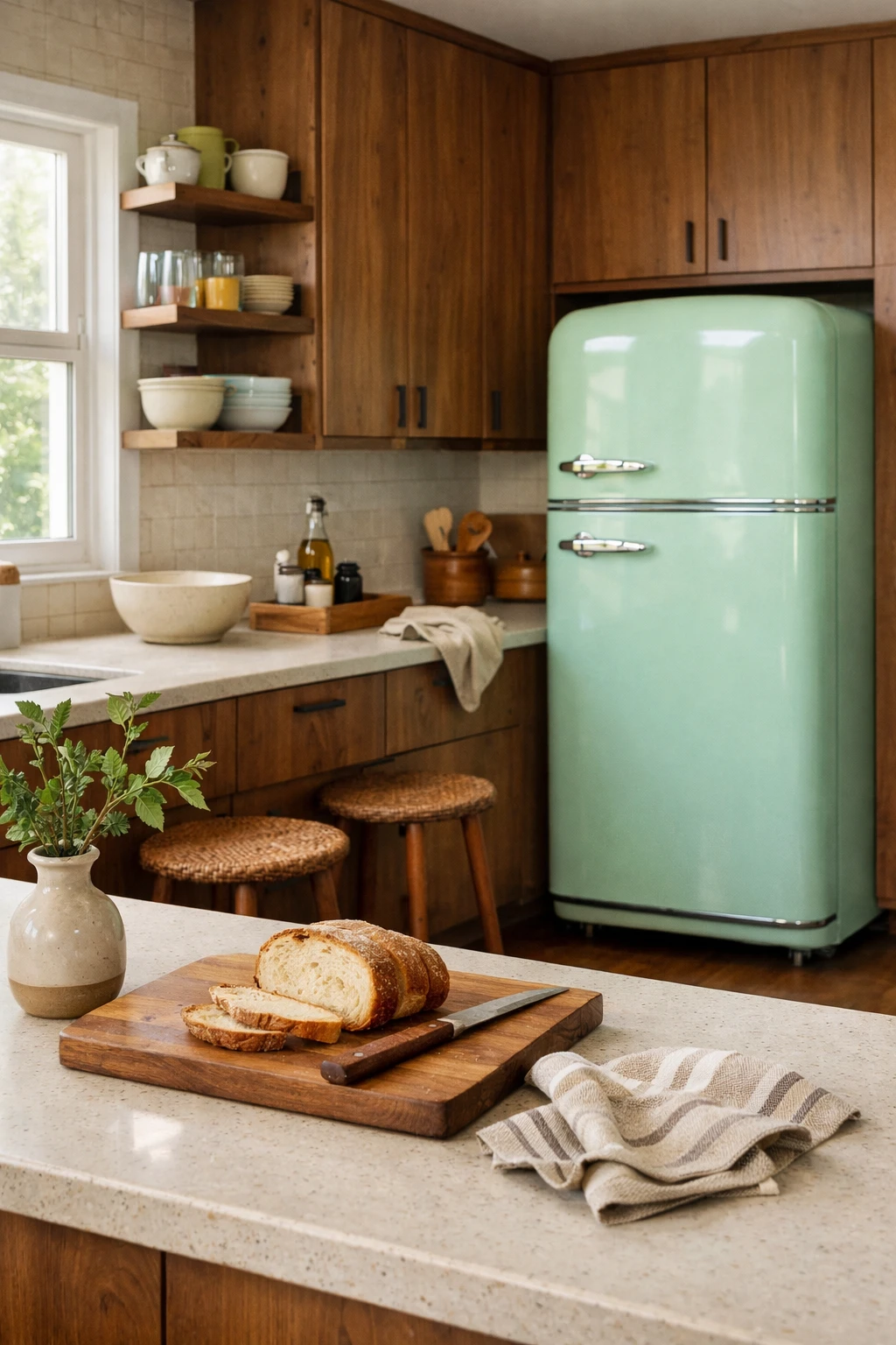 Mid century kitchen with pastel retro refrigerator and wood cabinets