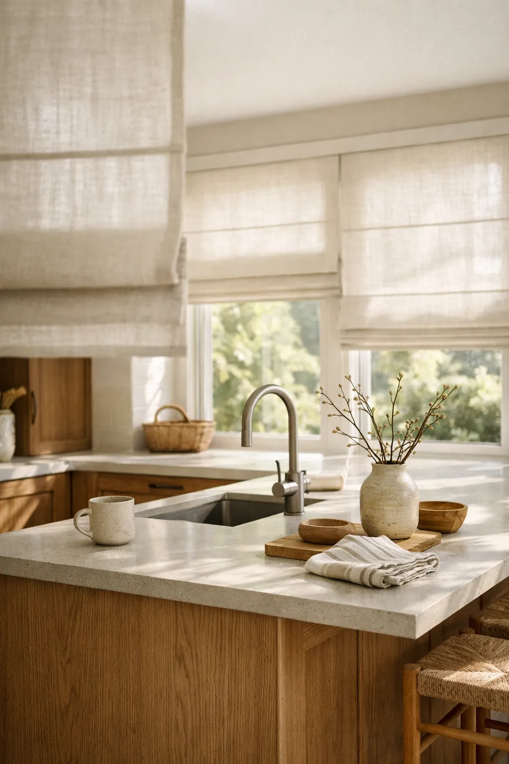 A bright kitchen with soft linen Roman shades, natural wood, and diffused daylight creating a quiet cozy feel.