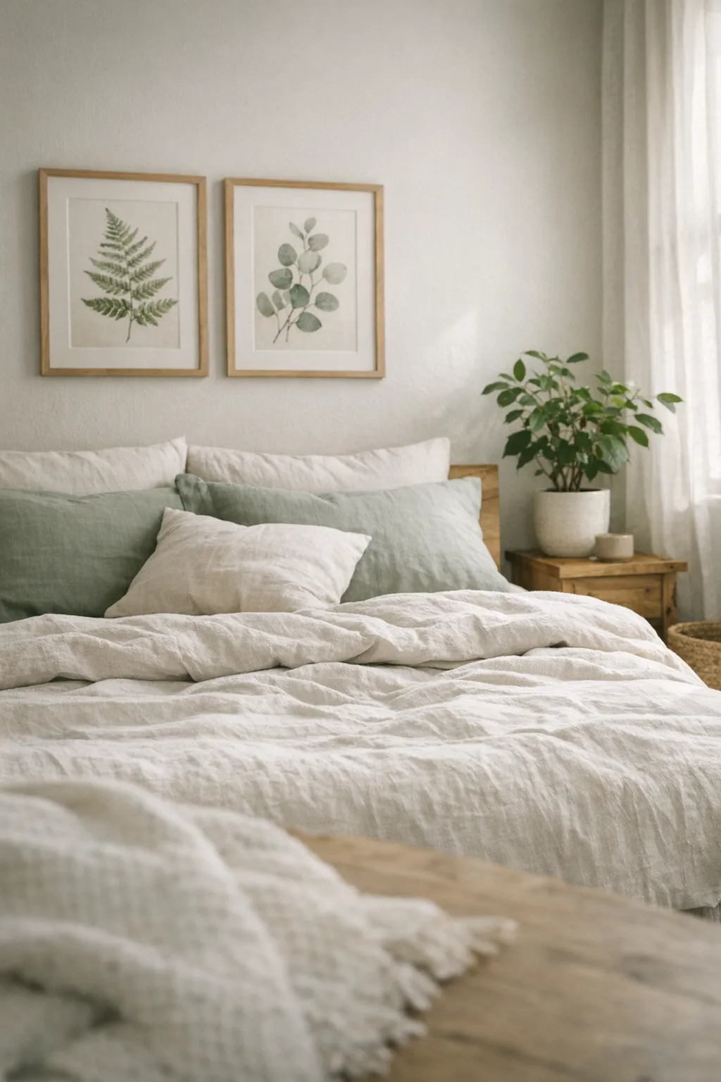 A sage green bedroom with subtle botanical art, natural textures, and soft natural light.