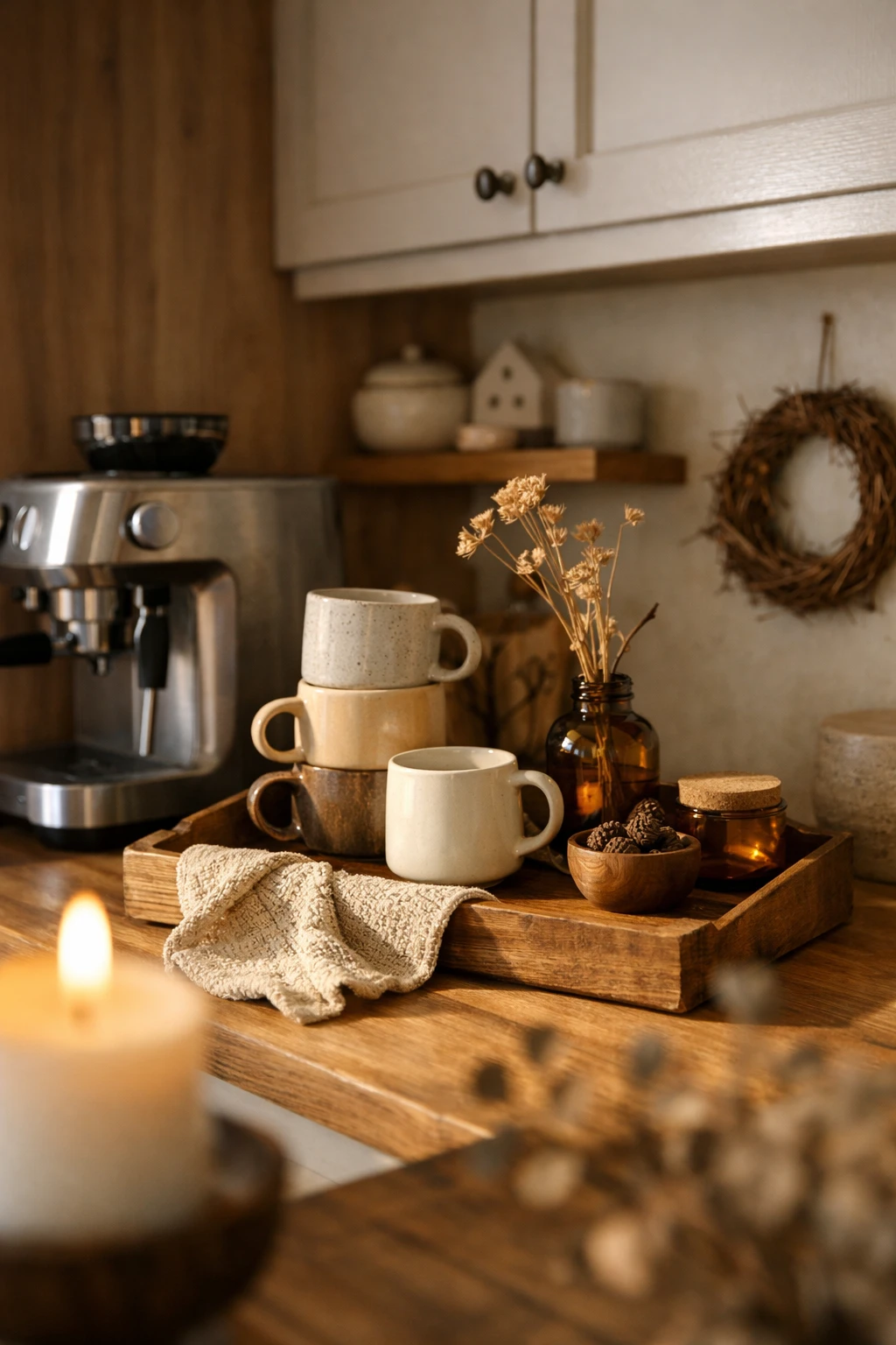 A seasonal coffee bar with cozy accents, mugs, and small decorative touches styled for a warm home look.