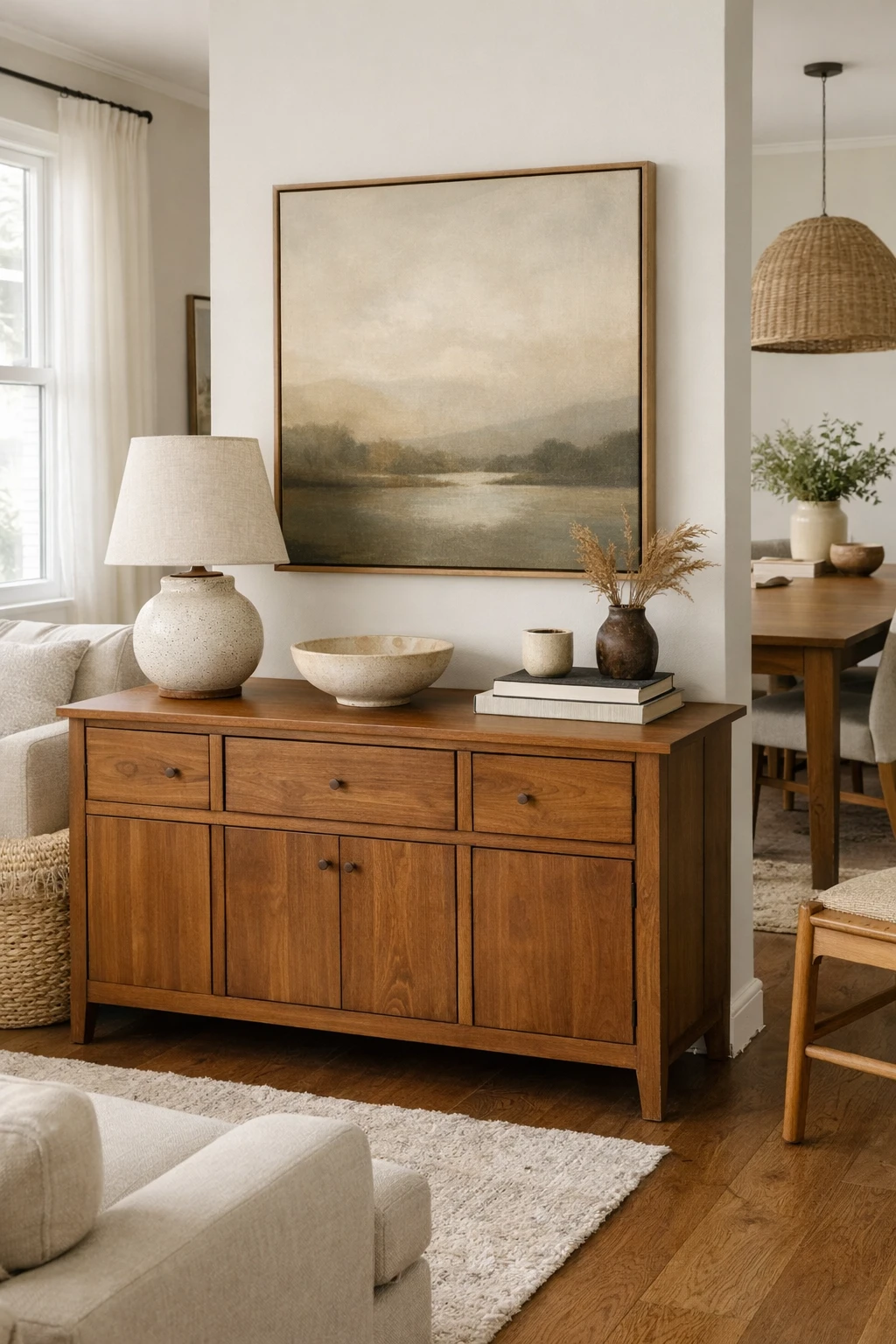 A stylish sideboard placed between the living room and dining room to create flow and storage.
