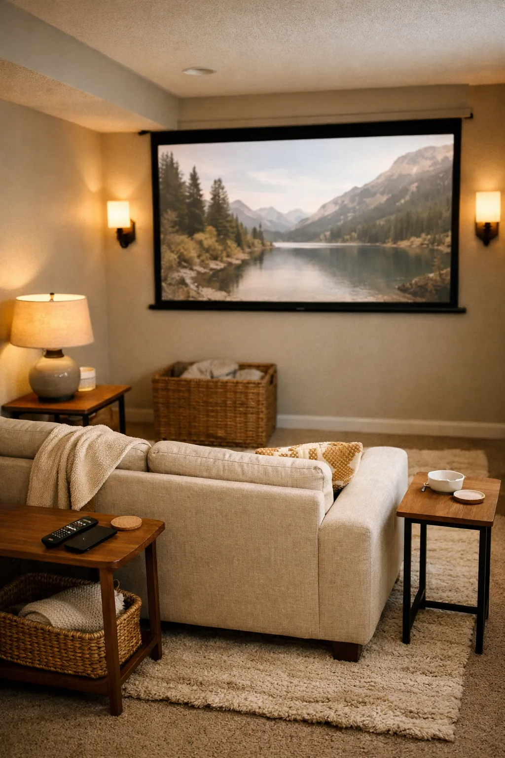 A small basement theater with a simple layout, cozy seating, and warm lighting.