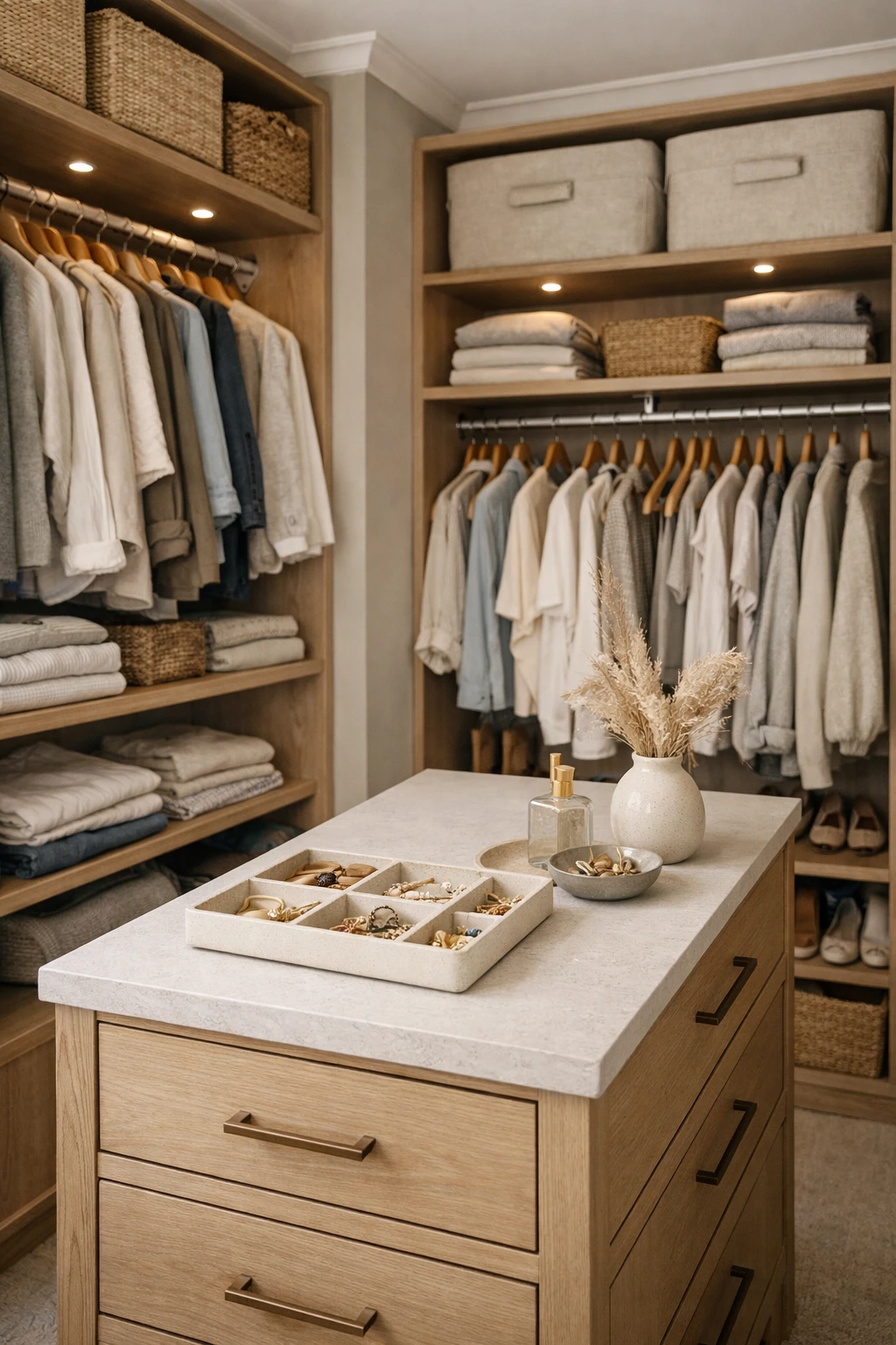A small walk-in closet with a narrow island drawer and surrounding shelving.