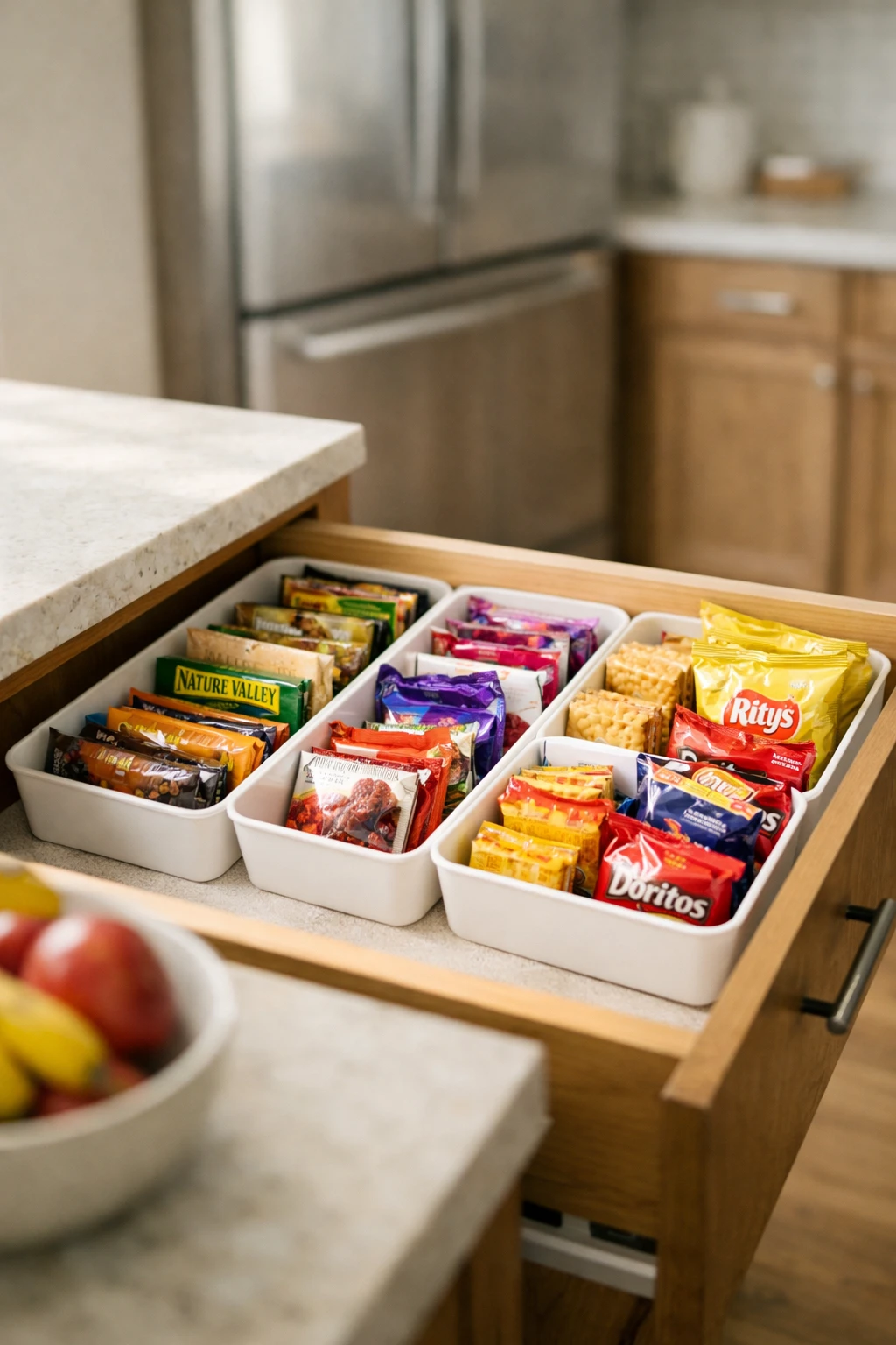 Kitchen drawer organized with granola bars, snack packs, and small containers.