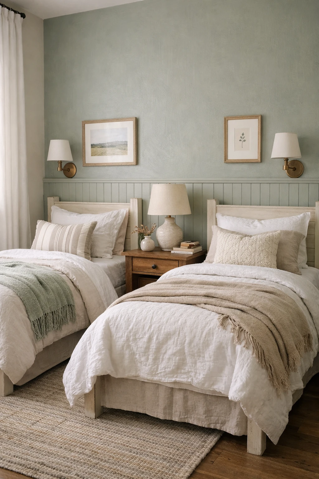 A soft accent wall behind twin beds adds warmth and character to a guest room.