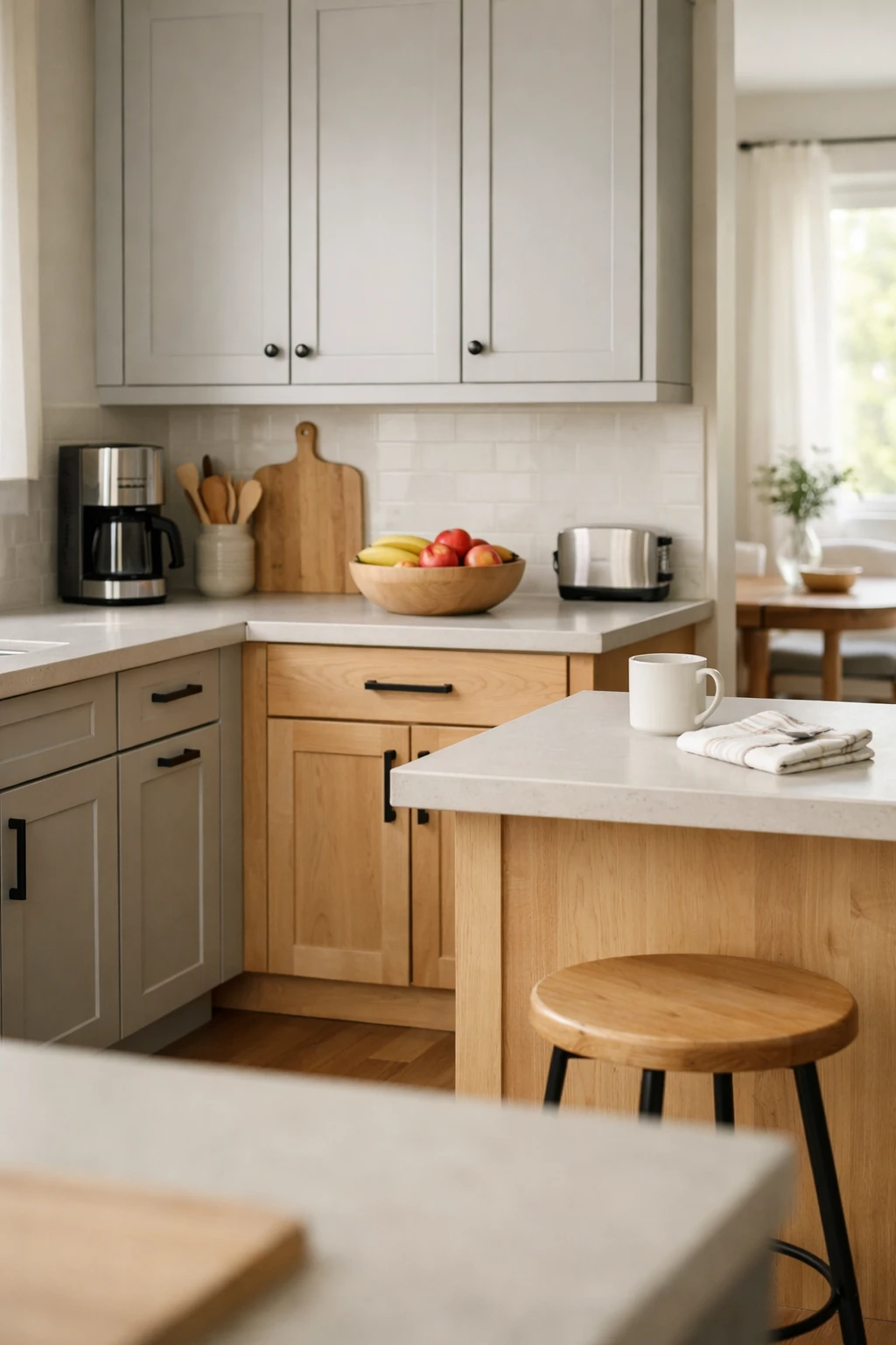 A clean kitchen with soft gray cabinets, natural maple cabinets, pale counters, and relaxed daylight.