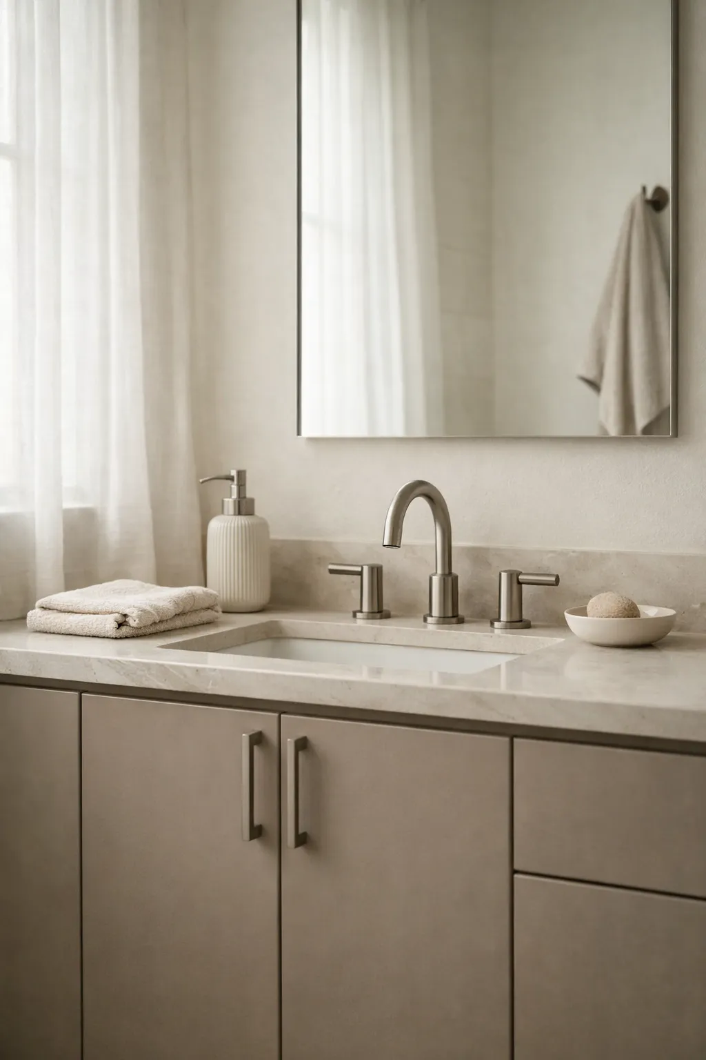 A neutral modern bathroom with a soft taupe vanity and pale stone surfaces.