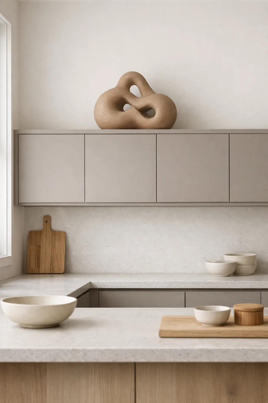Modern sculptural decor placed above kitchen cabinets in a contemporary kitchen.