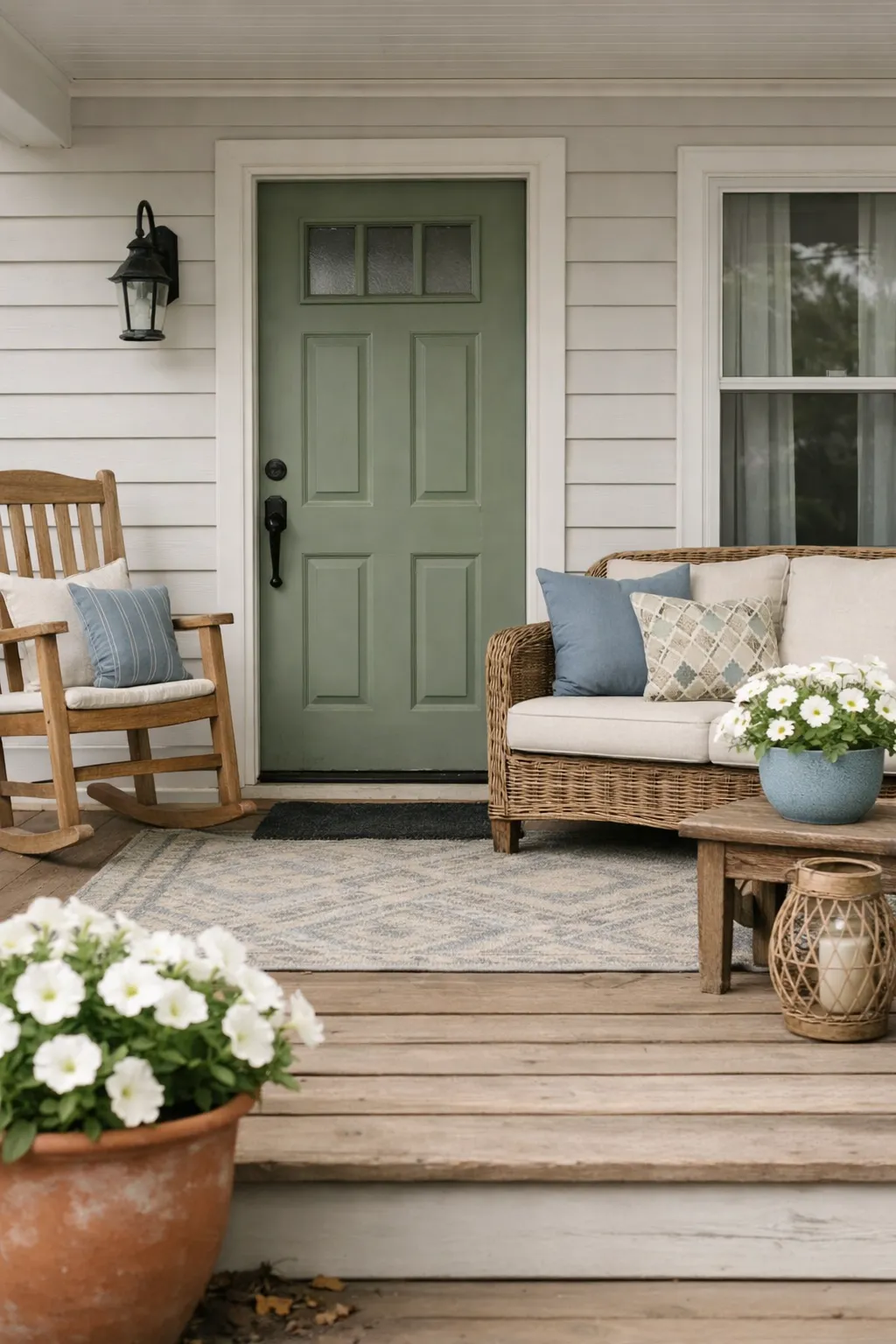 A double wide front porch with small controlled accents of color in cushions, flowers, and the front door.