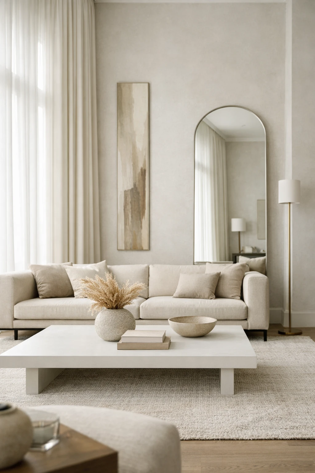 A luxury living room with tall drapes, oversized art, and vertical styling that makes the room feel taller.