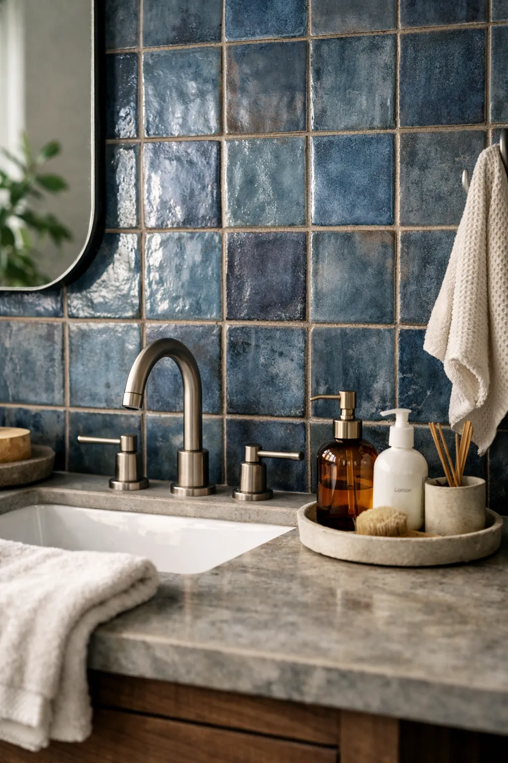 A bathroom with textured blue tile, soft natural light, and realistic ceramic surface detail.