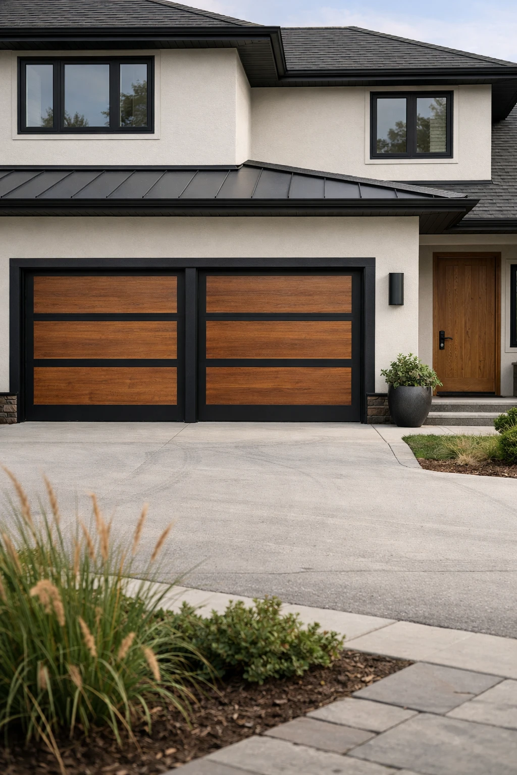 A custom home exterior with two-tone garage doors that mix wood tones and black trim.
