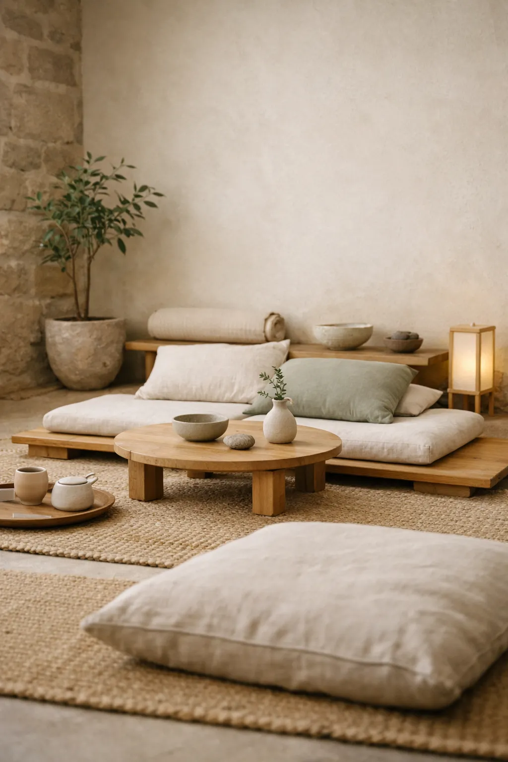 An Animal Crossing basement created as a peaceful zen retreat with natural textures and low seating.