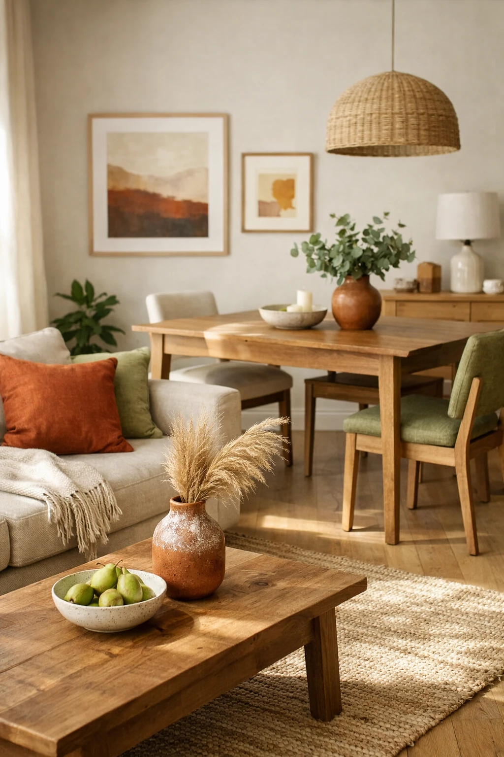 A connected room with repeated rust and olive accents in the living and dining areas.