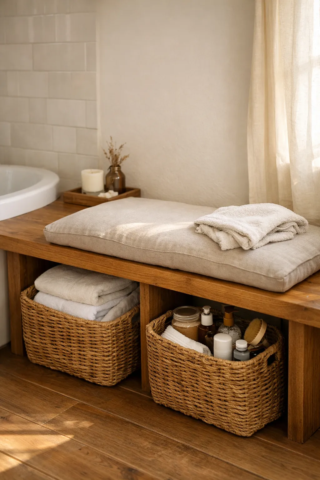 Small bathroom bench with storage baskets underneath and folded towels.