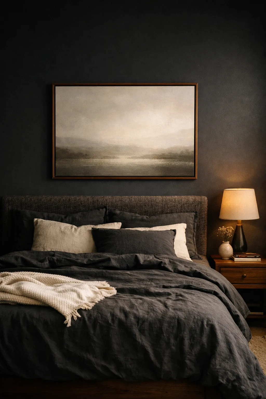 A moody black bedroom with large art above the bed and warm layered decor.