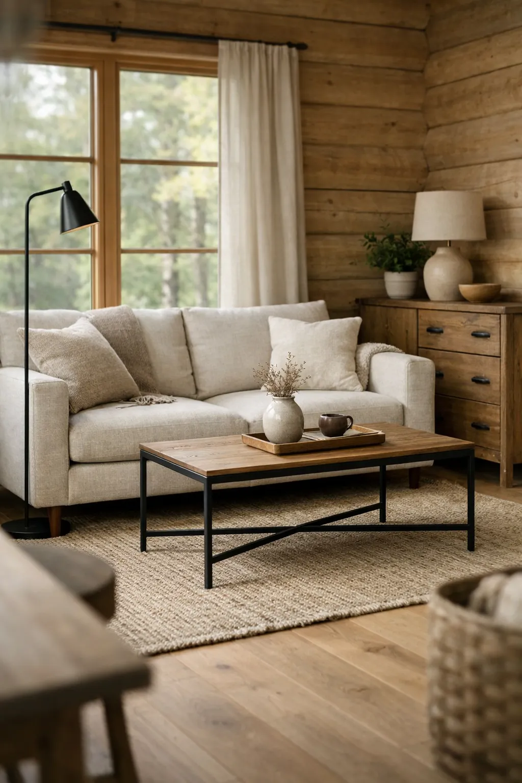Small cabin living space with black metal lighting and hardware accents