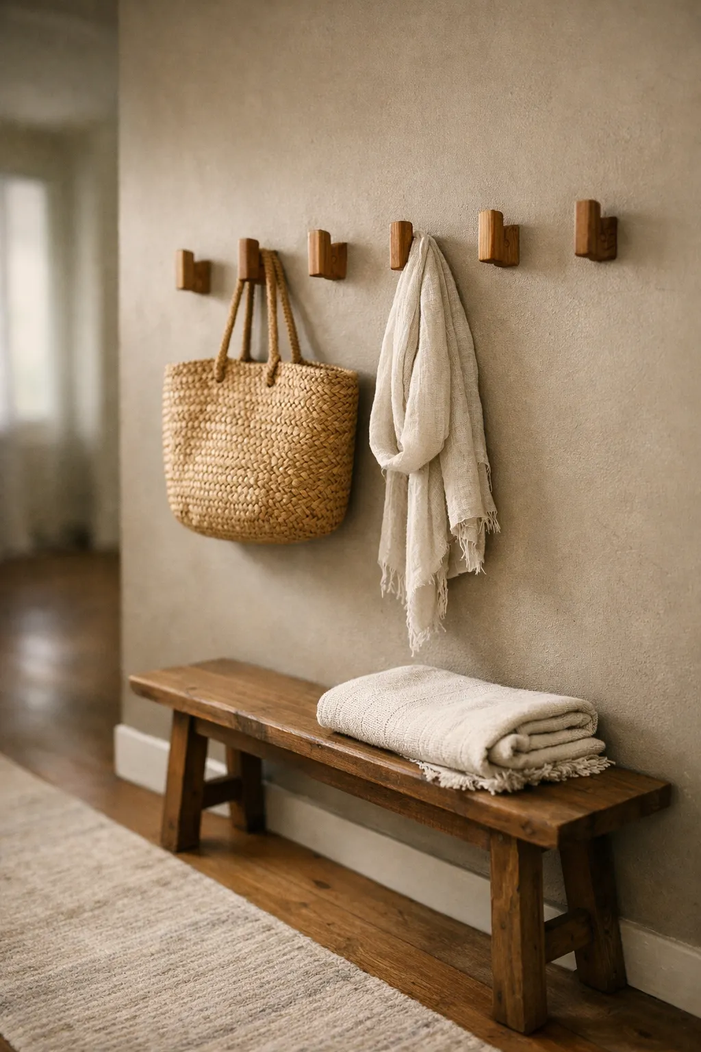 Handcrafted wooden coat hooks mounted in bohemian hallway.