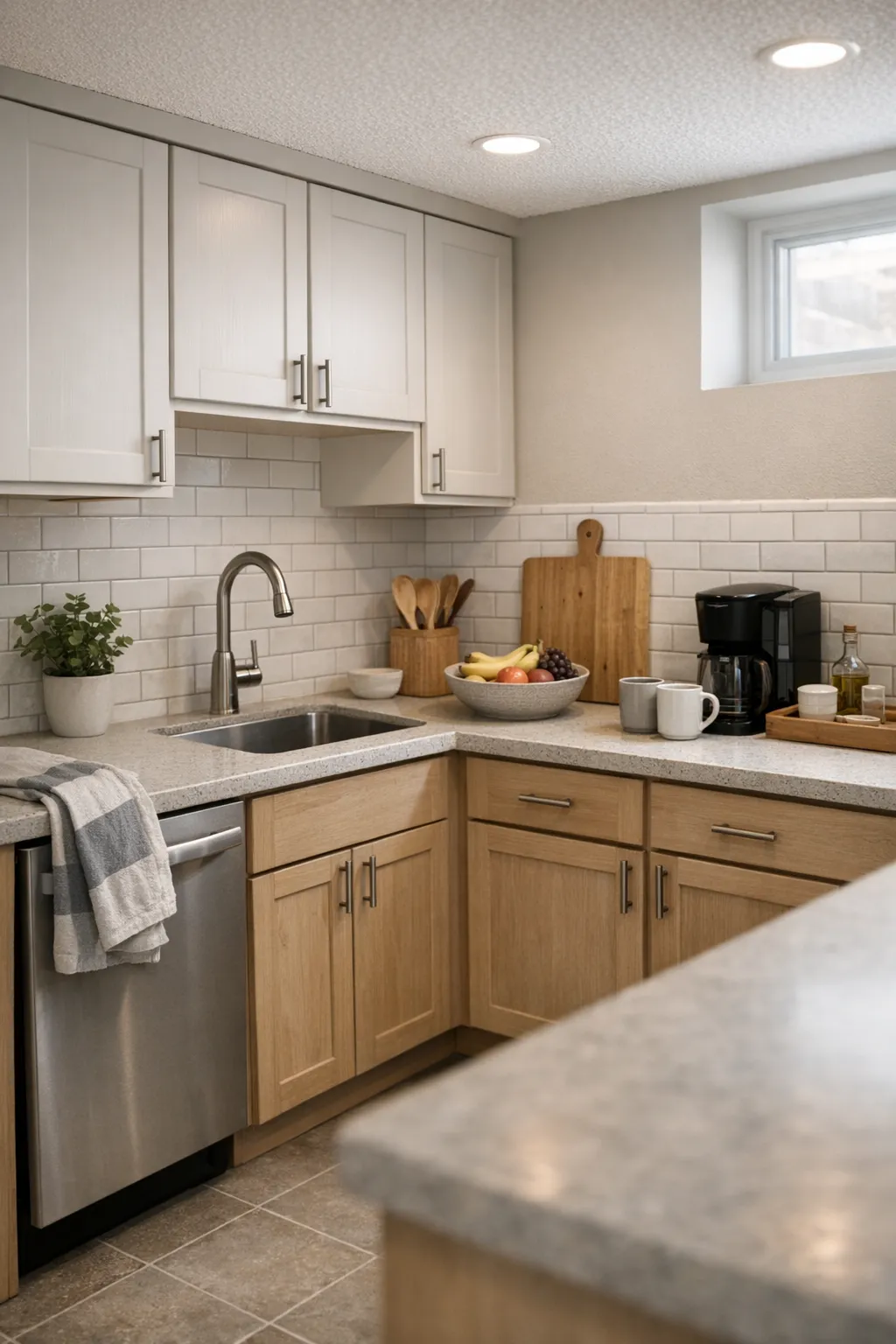 A budget-friendly basement kitchenette with stock cabinets, simple finishes, and a polished look.