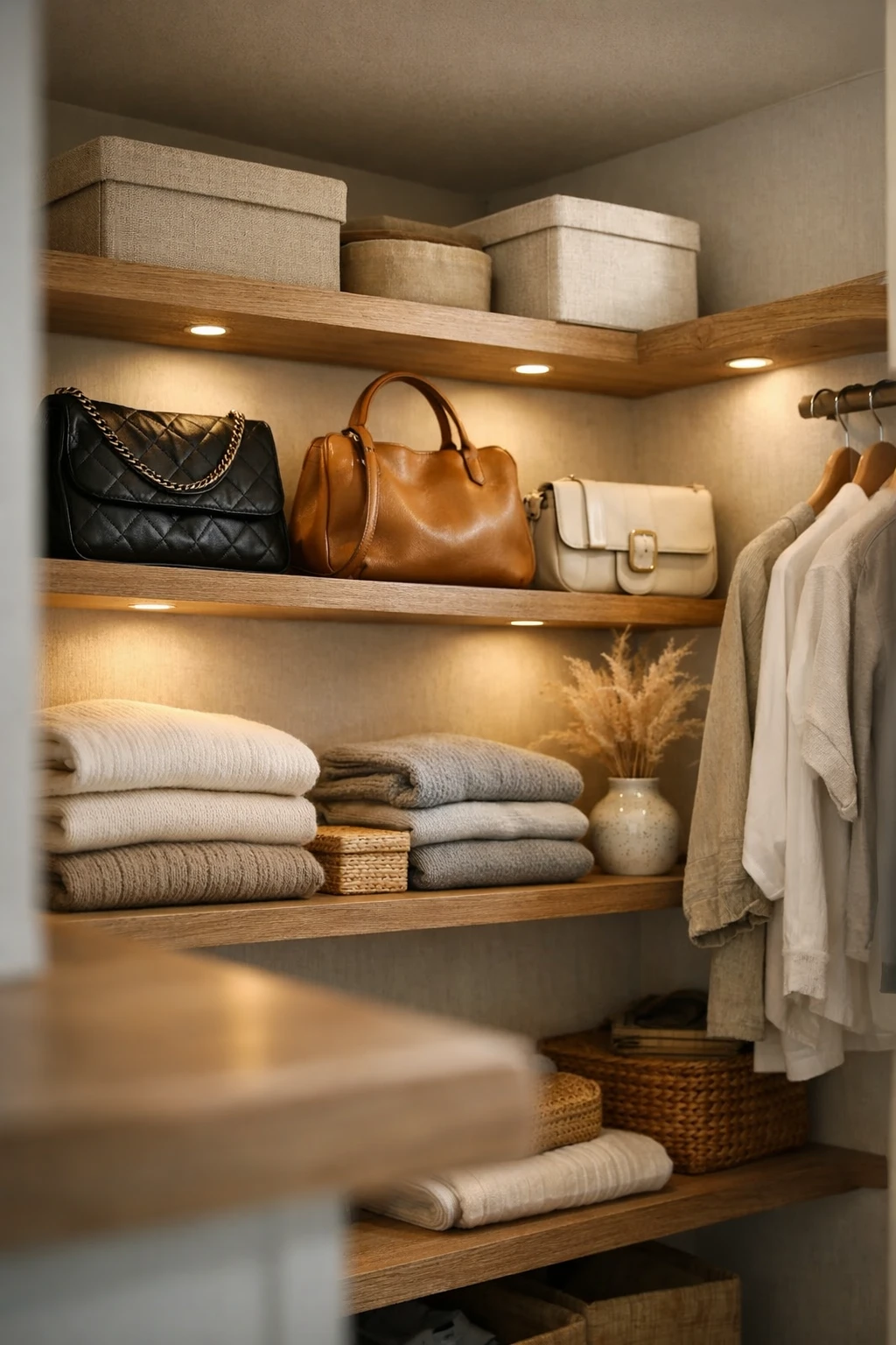 A boutique style closet corner with display shelves for handbags and accessories.