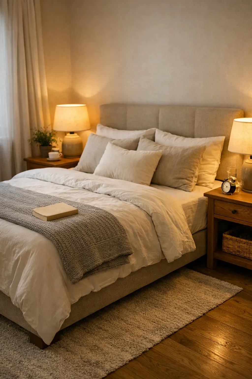 A comfortable guest bedroom with plush bedding, warm lighting, open floor space, and a clean uncluttered layout.