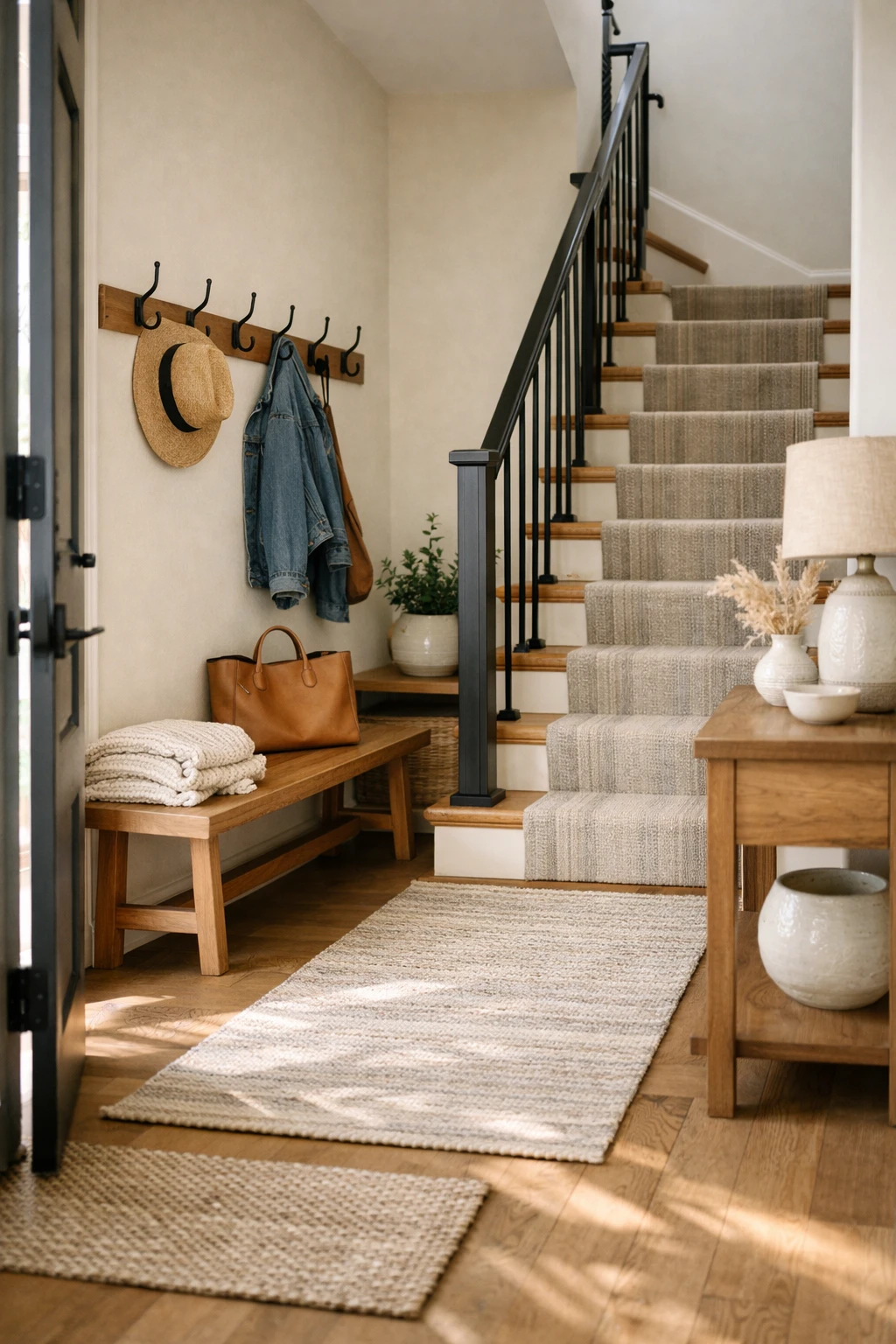 A narrow entryway with stairs styled in matching finishes and coordinated decor.