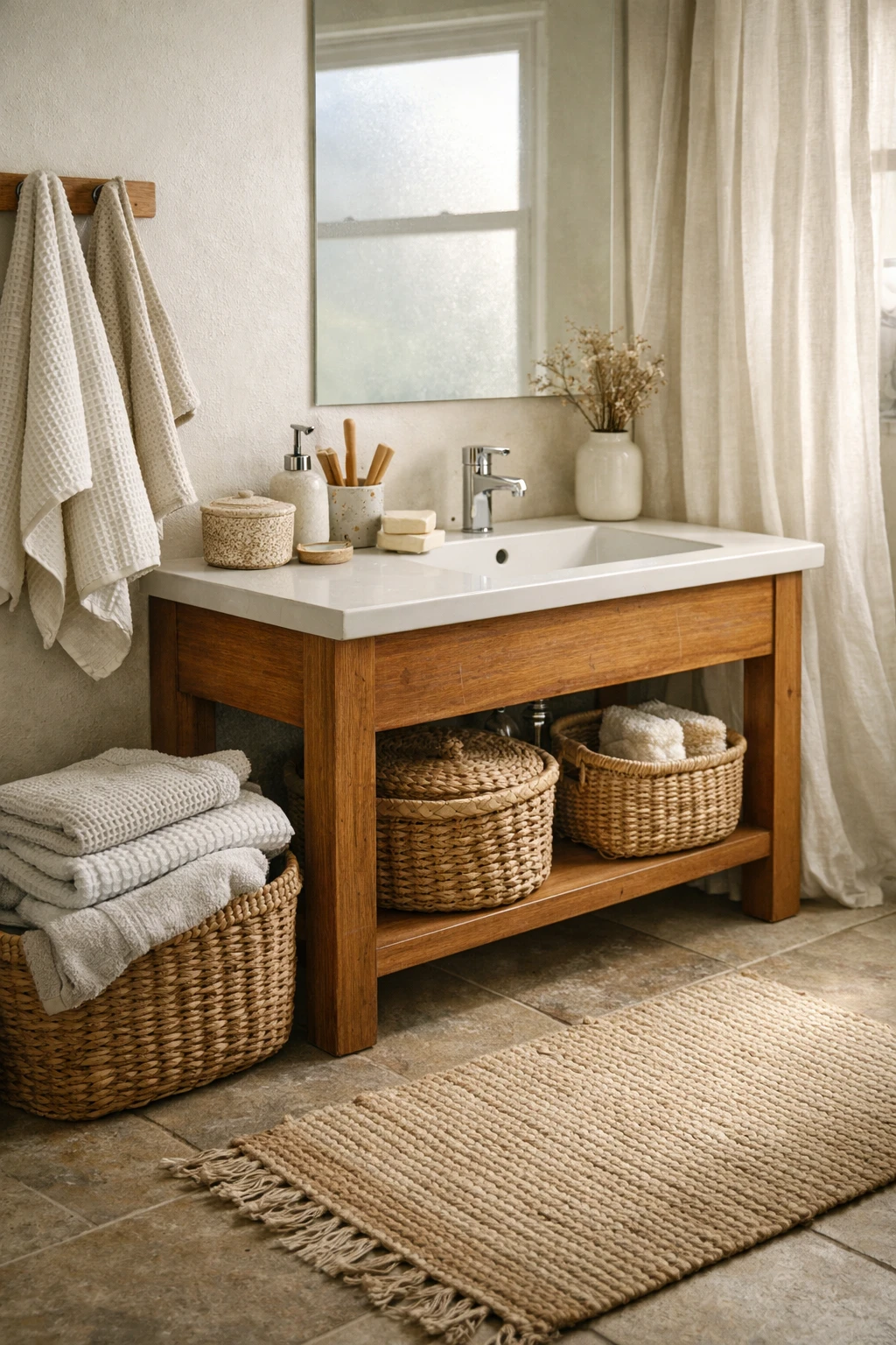 A bathroom styled with woven baskets and textured towels.