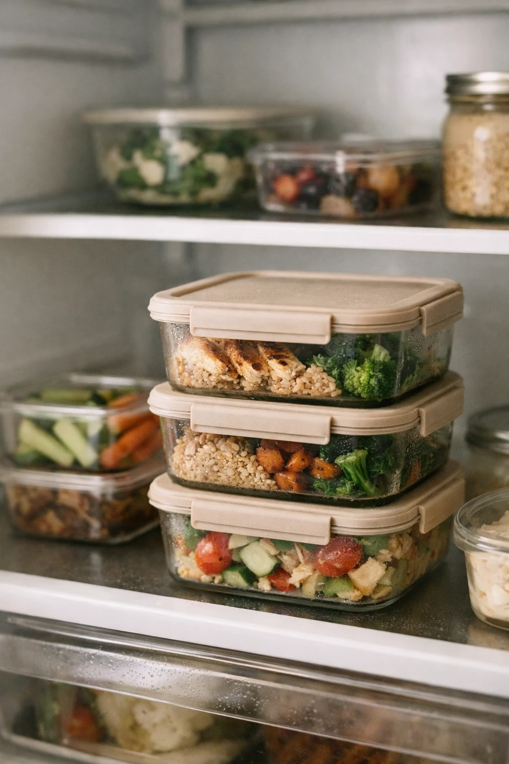 Refrigerator shelf arranged with uniform meal prep containers