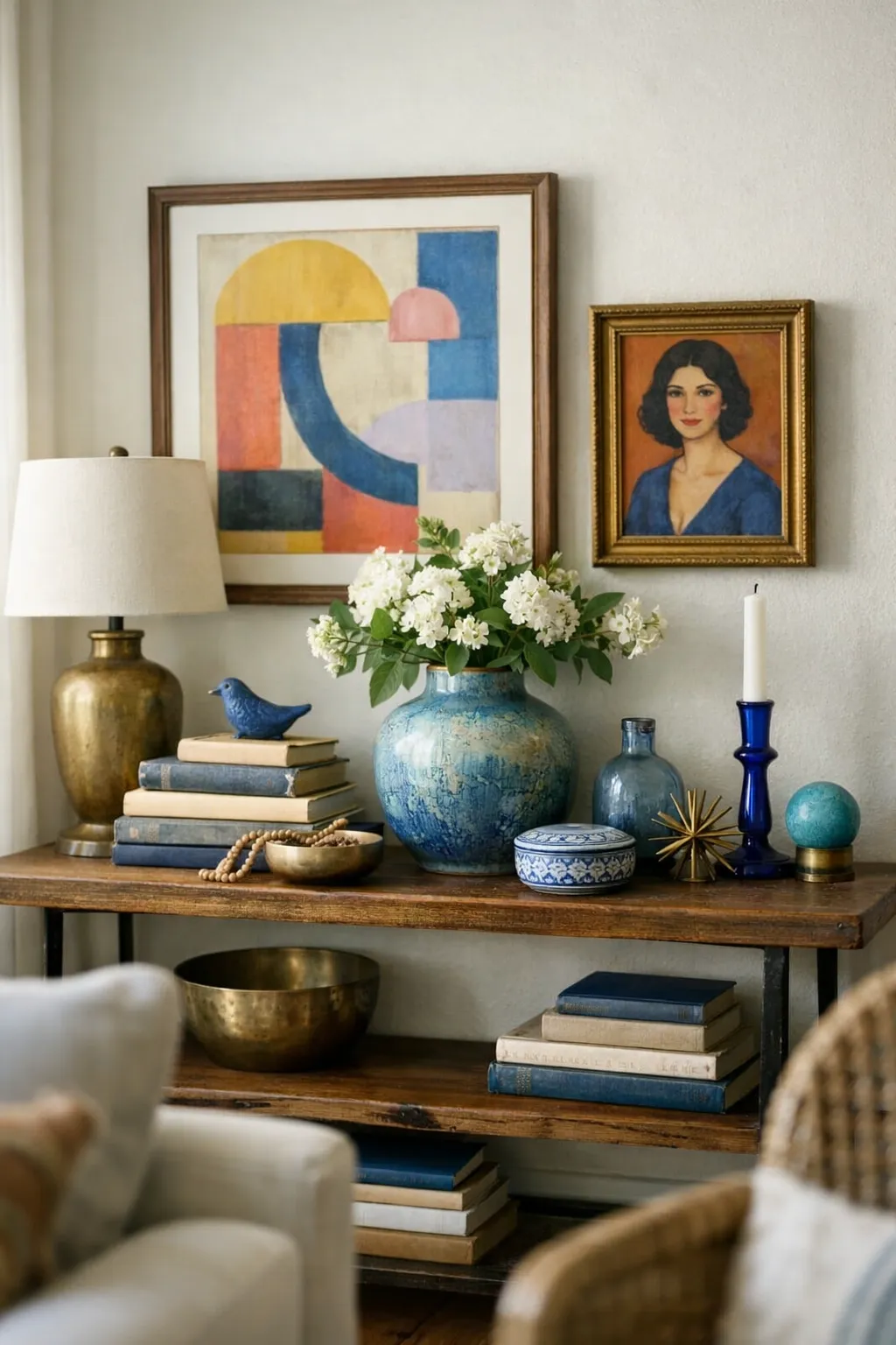 Eclectic console table with mixed vintage decor, colorful art, and layered books.