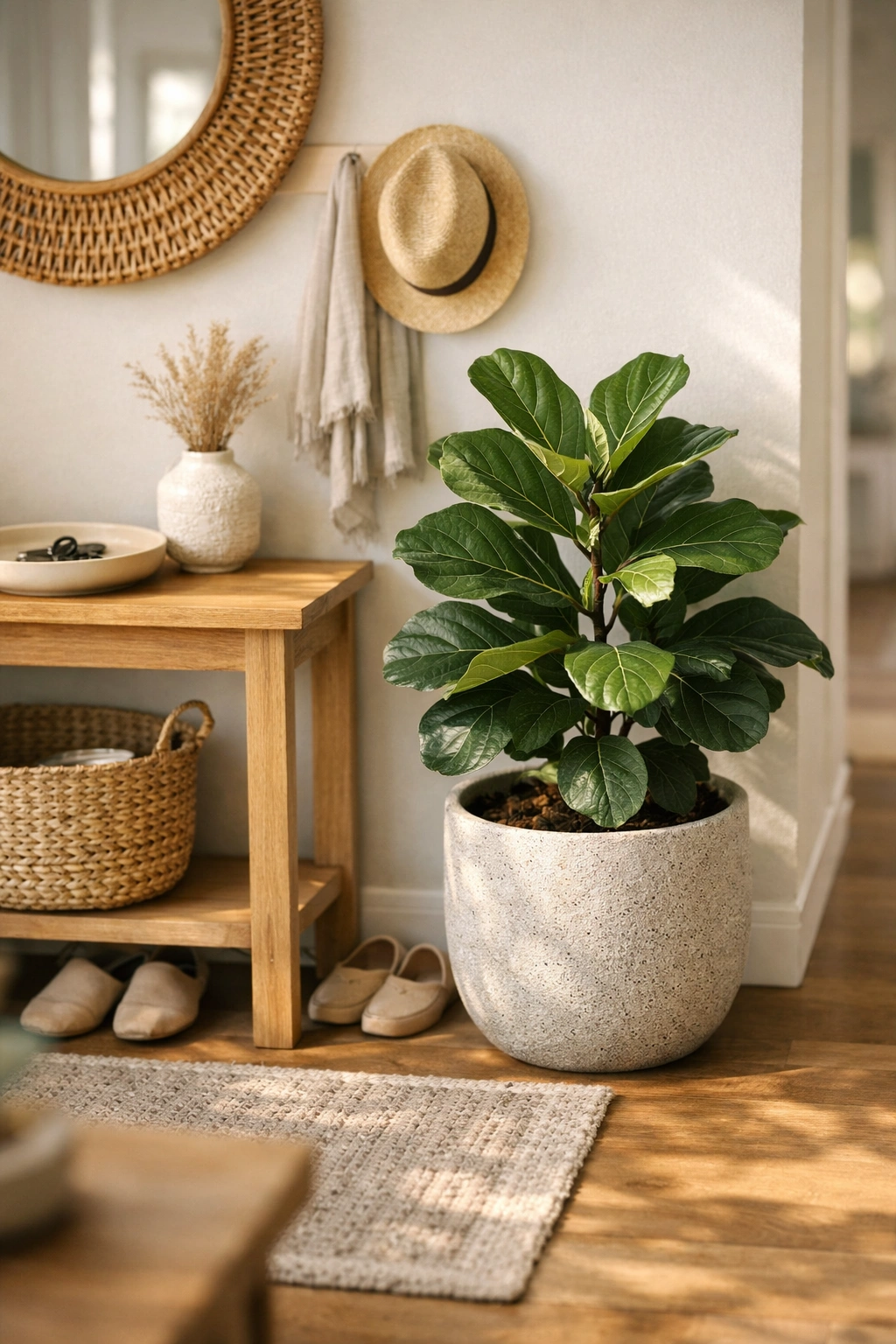 A home entrance styled with a potted plant and natural neutral decor.