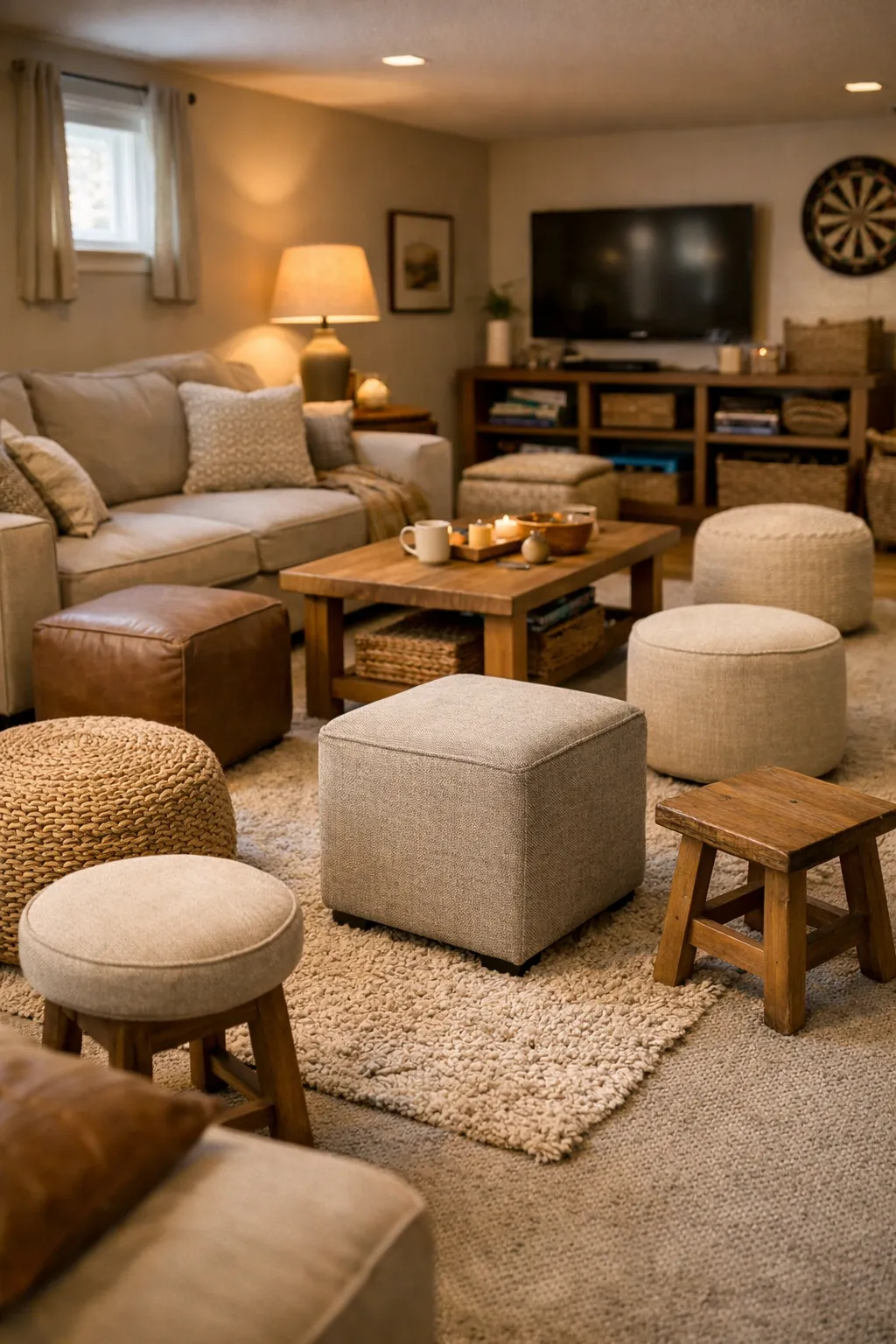 A basement family room with poufs, stools, and movable seating for casual gatherings.