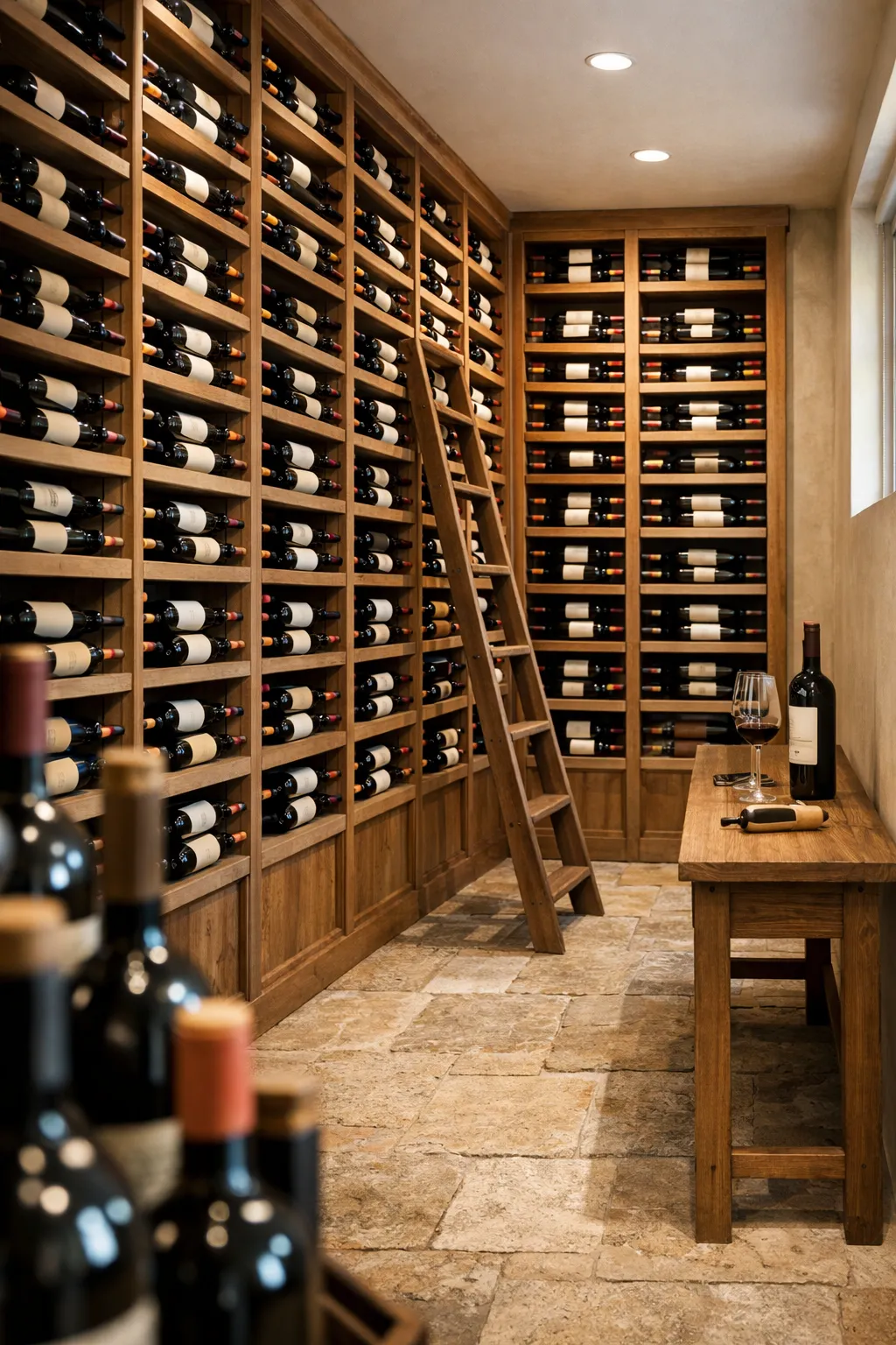 Tall wine racks displaying hundreds of bottles in a basement cellar.