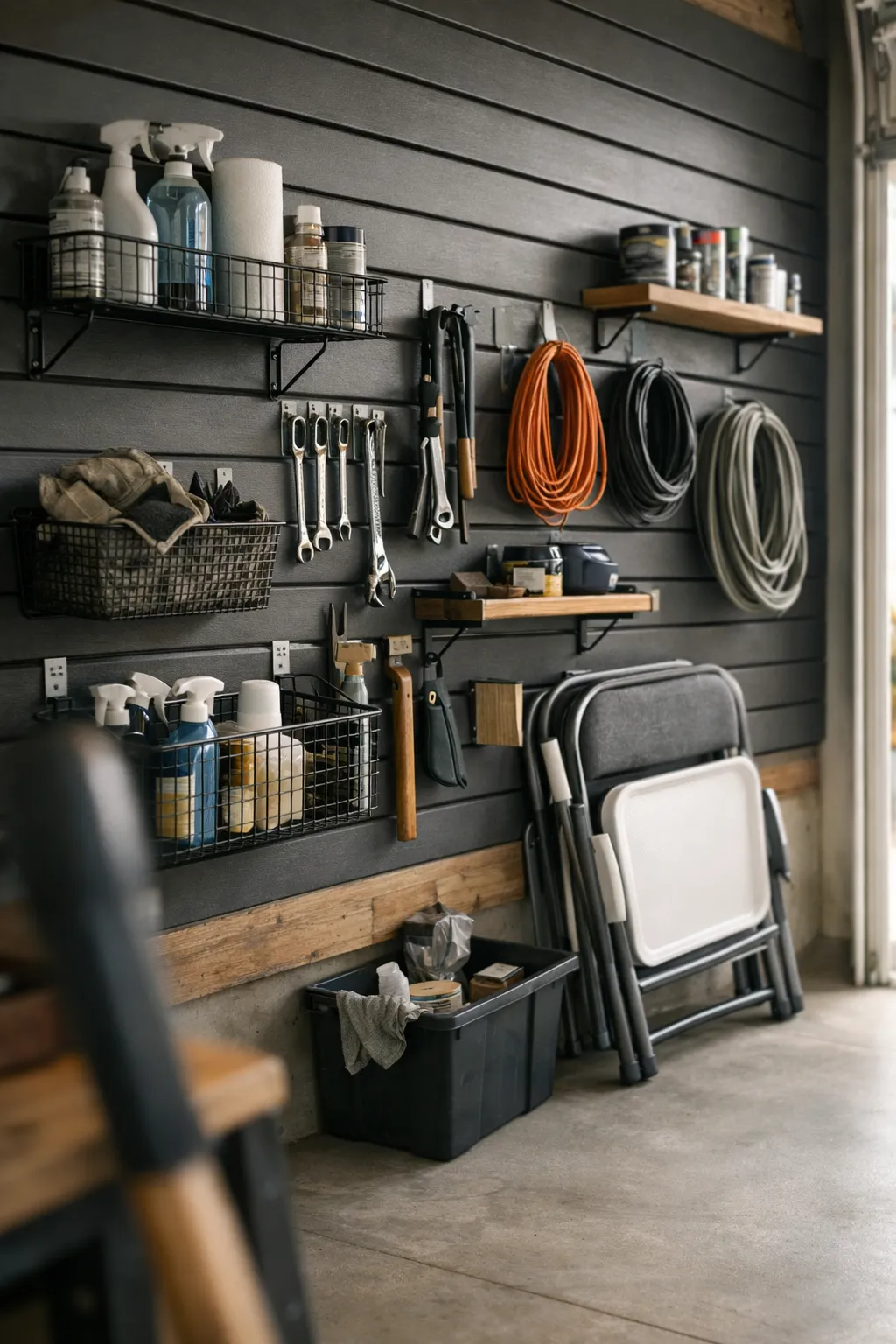 A modern slatwall garage storage system with hooks, baskets, and organized tools.
