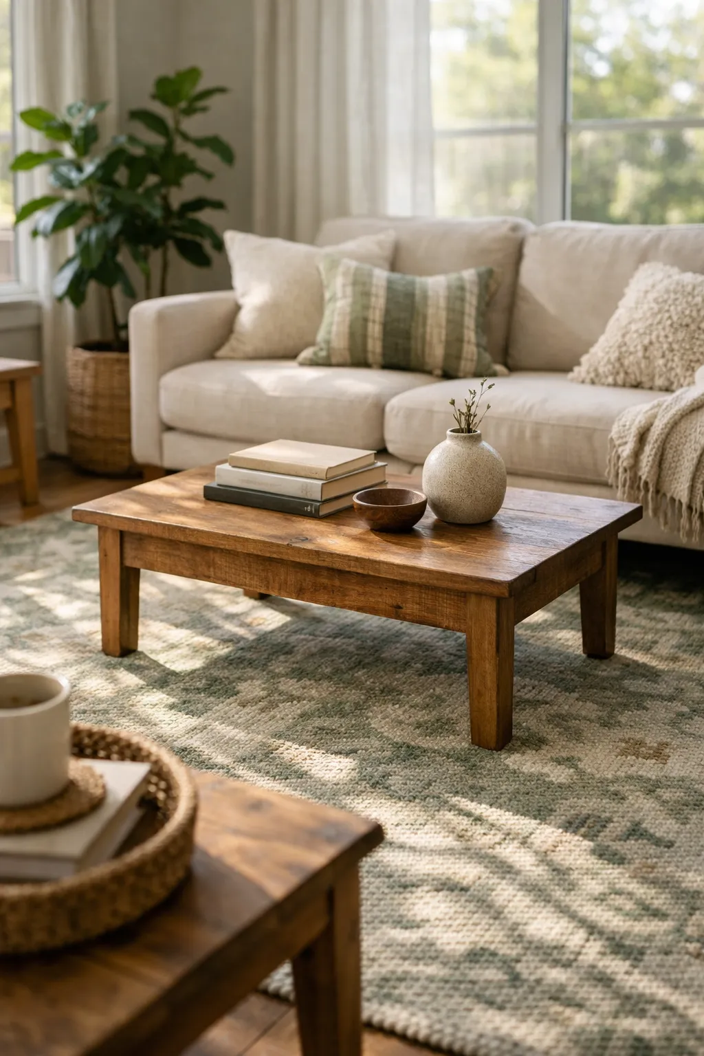Living room with a patterned rug that includes green tones.